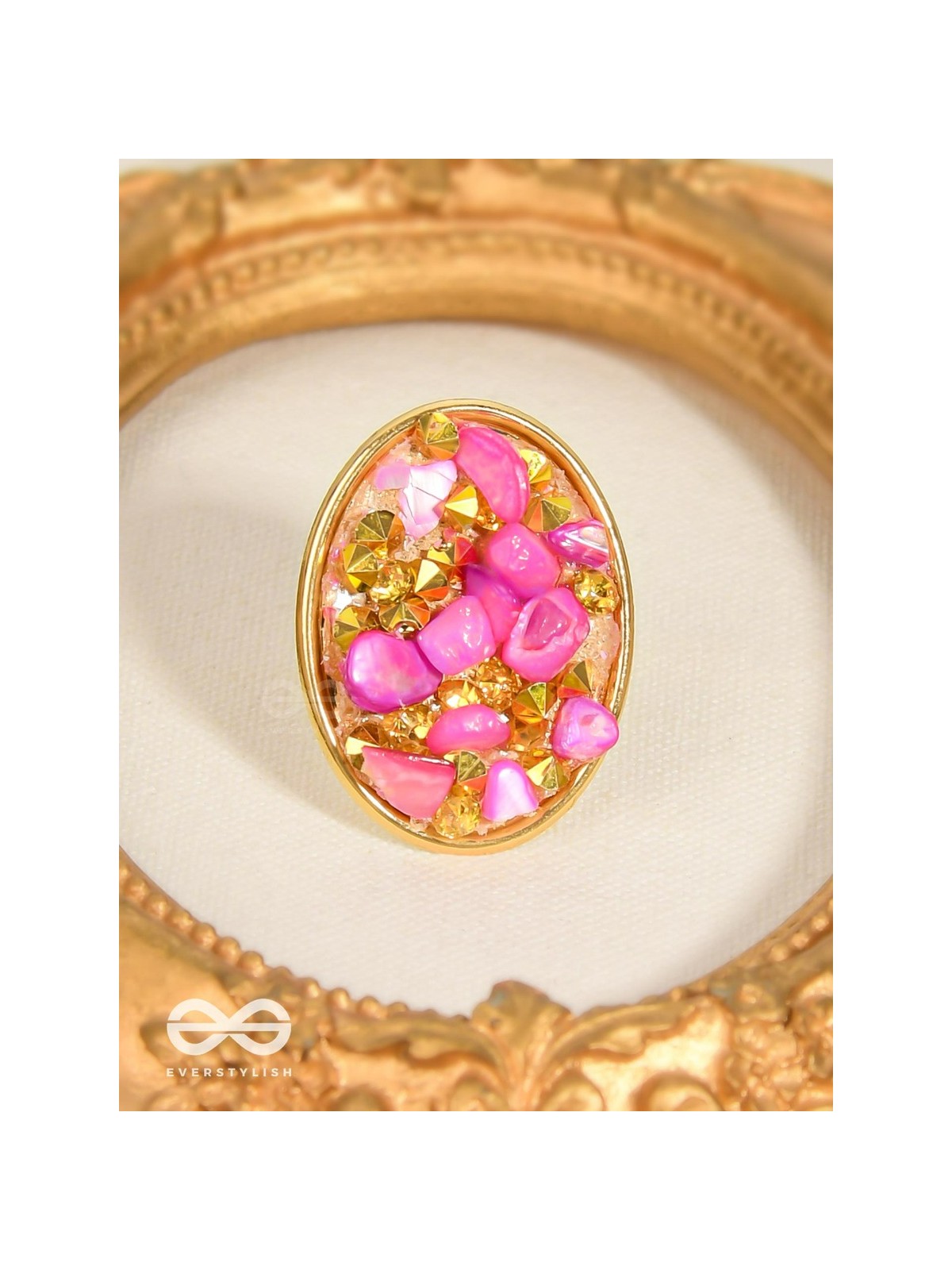 Sparkles & Stones  - Golden Embellished Ring (Pink) (Adjustable)