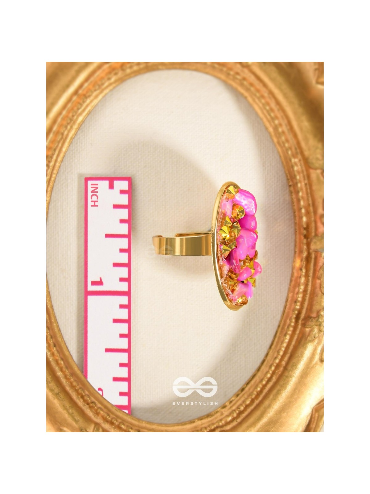 Sparkles & Stones  - Golden Embellished Ring (Pink) (Adjustable)