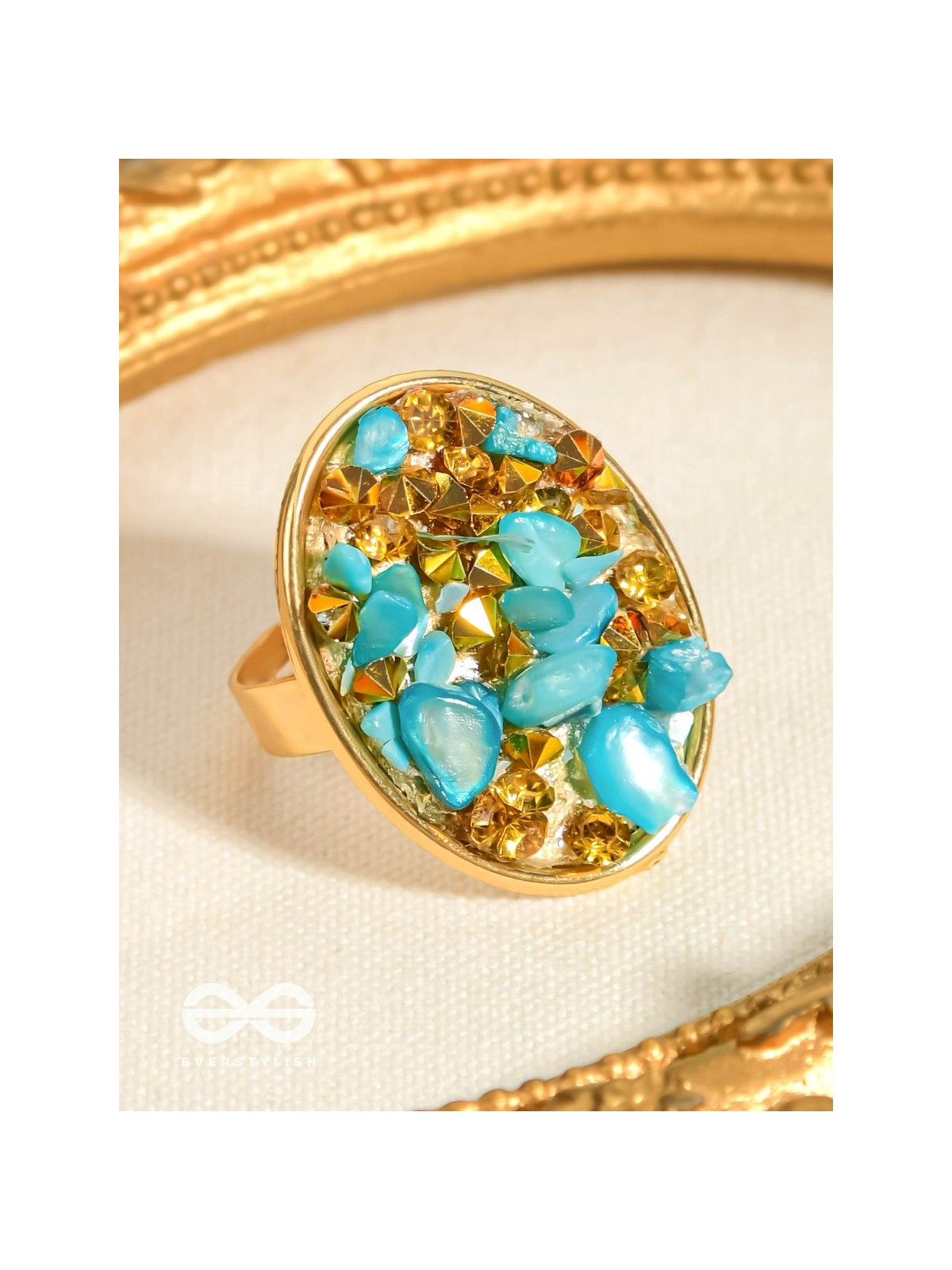Sparkles & Stones  - Golden Embellished Ring (Blue) (Adjustable)