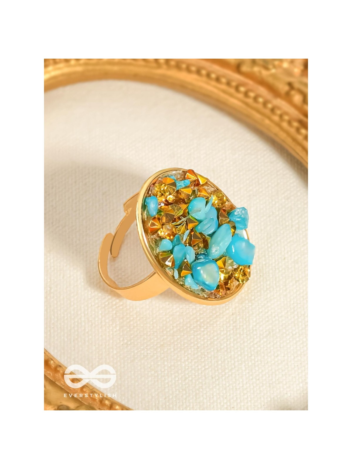 Sparkles & Stones  - Golden Embellished Ring (Blue) (Adjustable)
