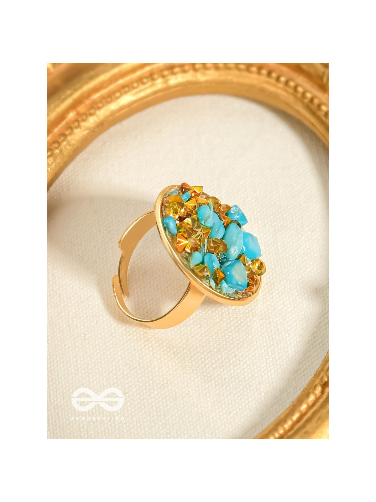 Sparkles & Stones  - Golden Embellished Ring (Blue) (Adjustable)