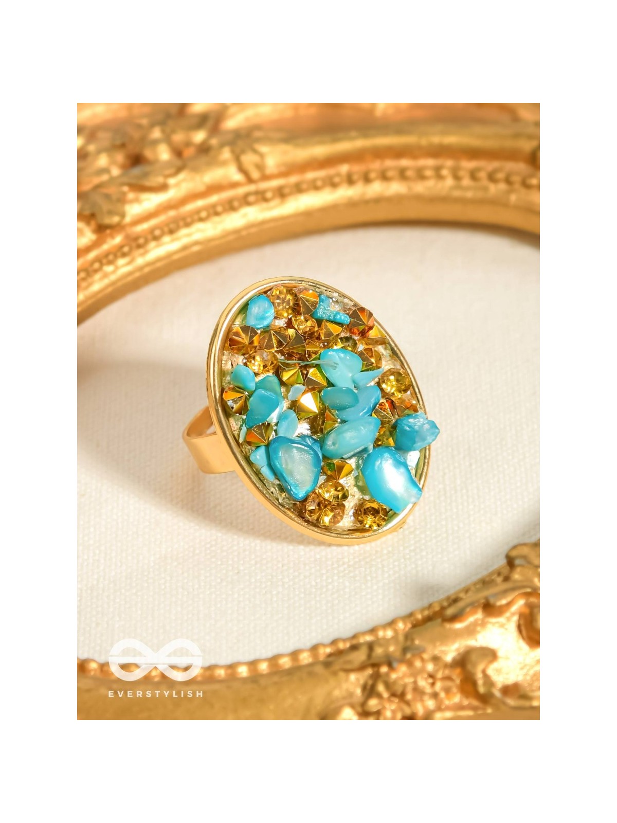 Sparkles & Stones  - Golden Embellished Ring (Blue) (Adjustable)