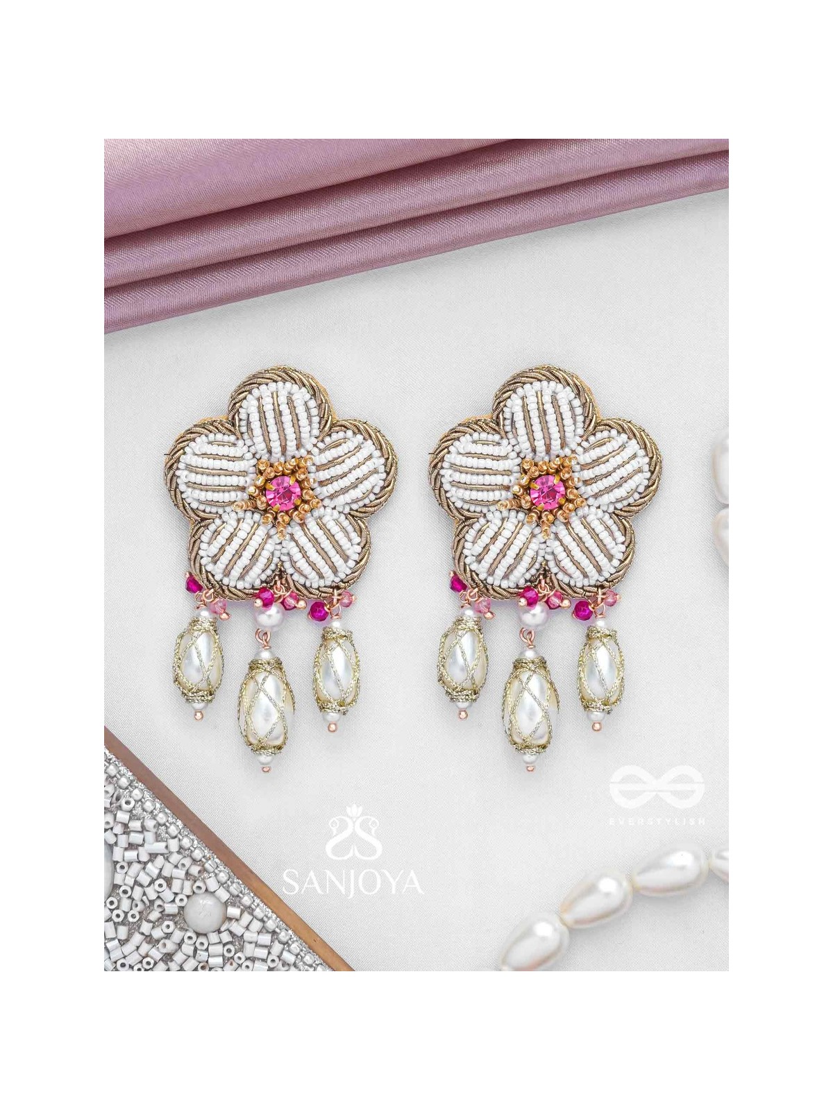ABHRAPUSPA - THE CLOUDY FLOWER- STONES, BEADS AND PEARL DROPS HAND EMBROIDERED EARRINGS