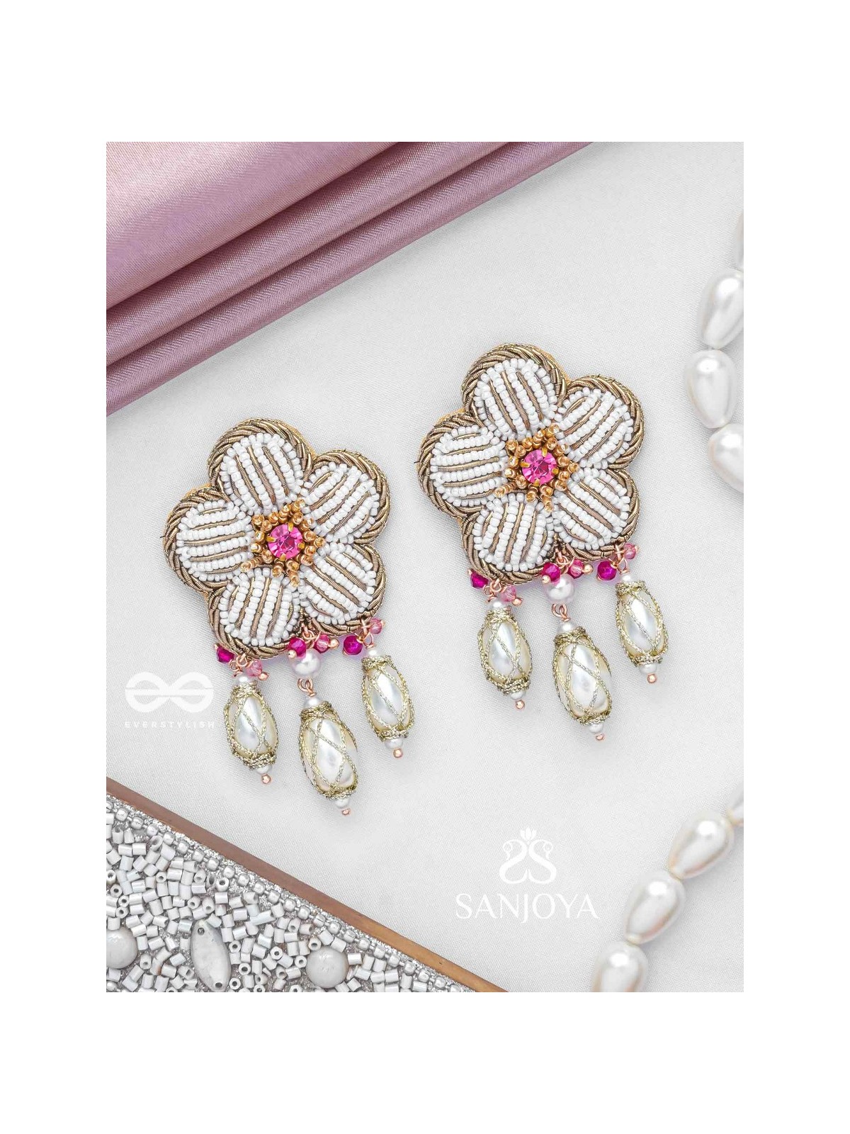 ABHRAPUSPA - THE CLOUDY FLOWER- STONES, BEADS AND PEARL DROPS HAND EMBROIDERED EARRINGS