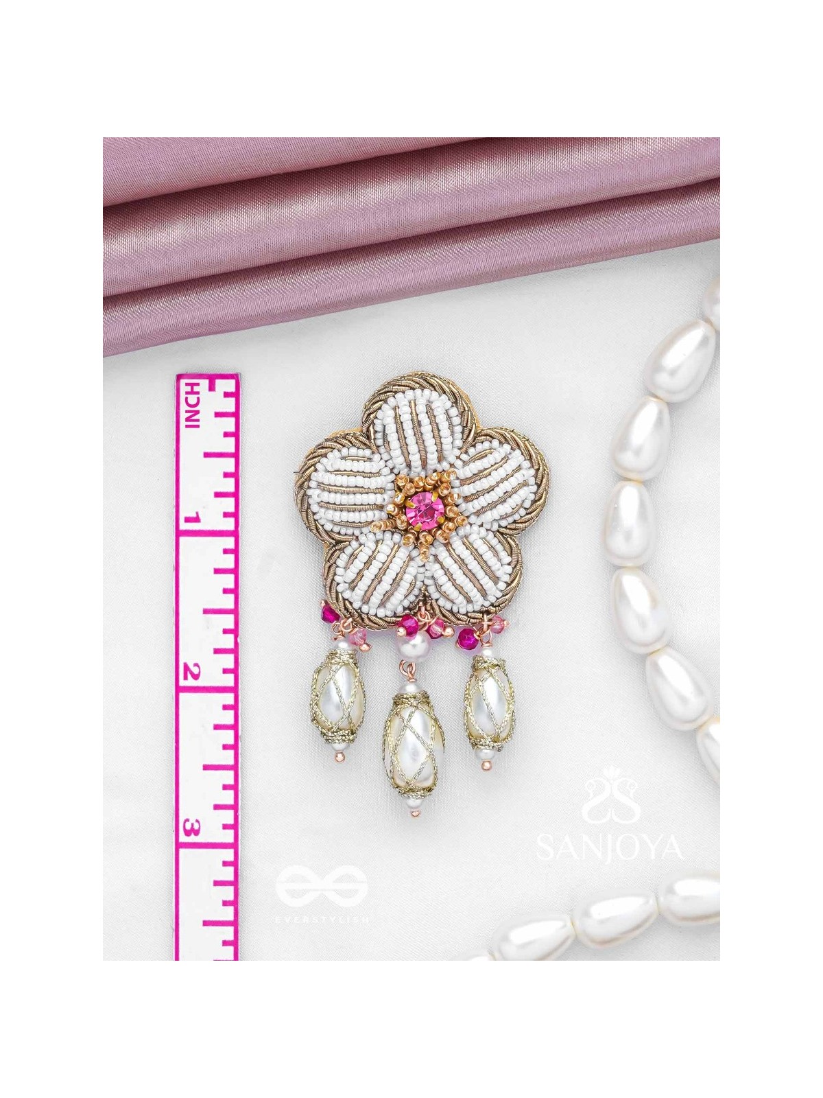 ABHRAPUSPA - THE CLOUDY FLOWER- STONES, BEADS AND PEARL DROPS HAND EMBROIDERED EARRINGS