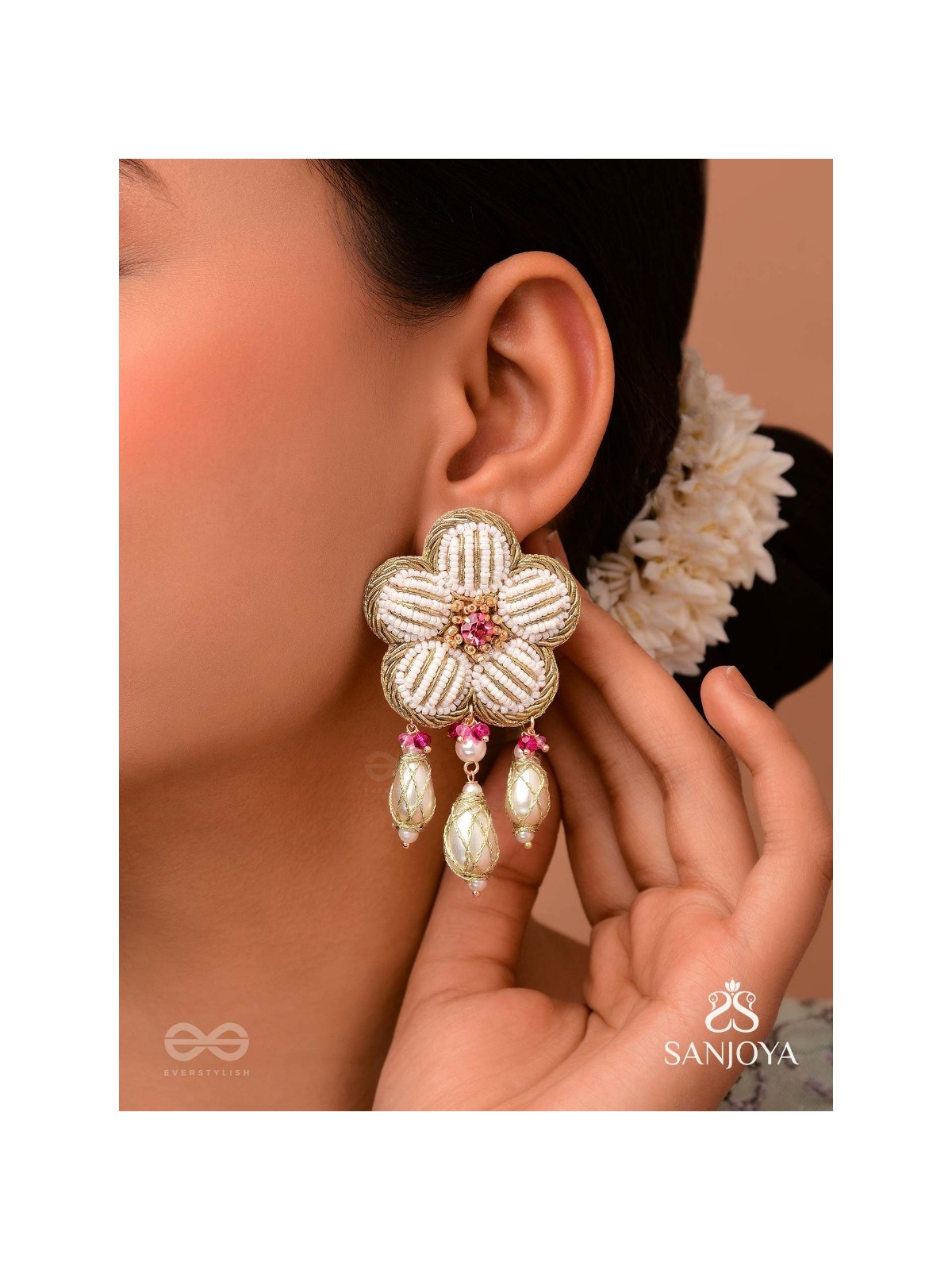 ABHRAPUSPA - THE CLOUDY FLOWER- STONES, BEADS AND PEARL DROPS HAND EMBROIDERED EARRINGS