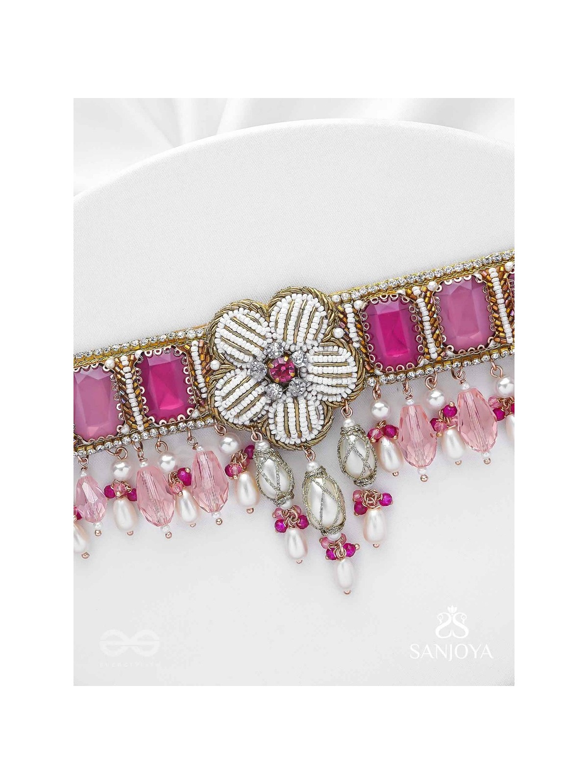 CHAANDIKUSUMA - THE ROYAL BLOSSOM- STONE, BEADS, GLASS AND PEARL DROPS HAND EMBROIDERED CHOKER NECKPIECE