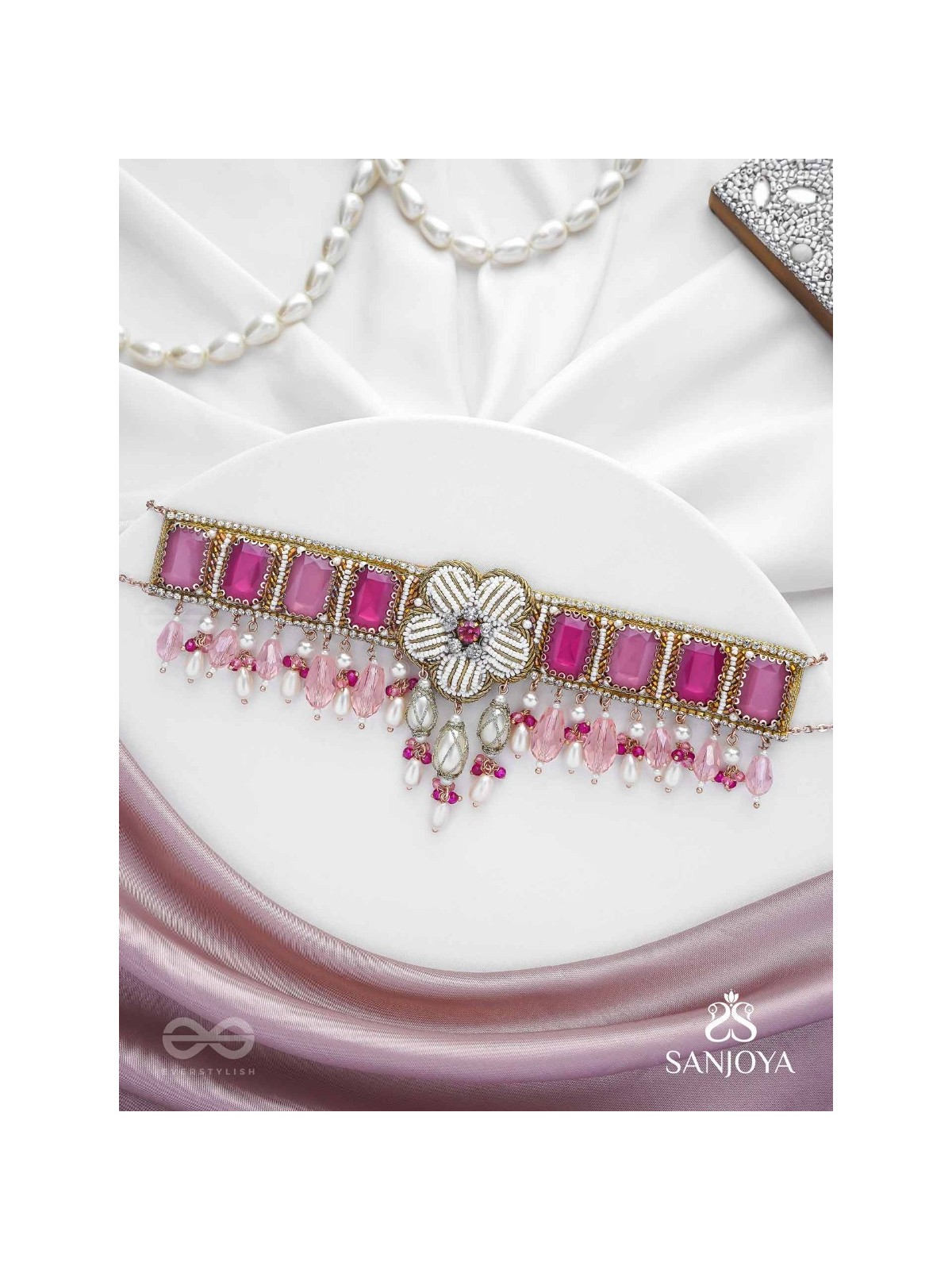 CHAANDIKUSUMA - THE ROYAL BLOSSOM- STONE, BEADS, GLASS AND PEARL DROPS HAND EMBROIDERED CHOKER NECKPIECE