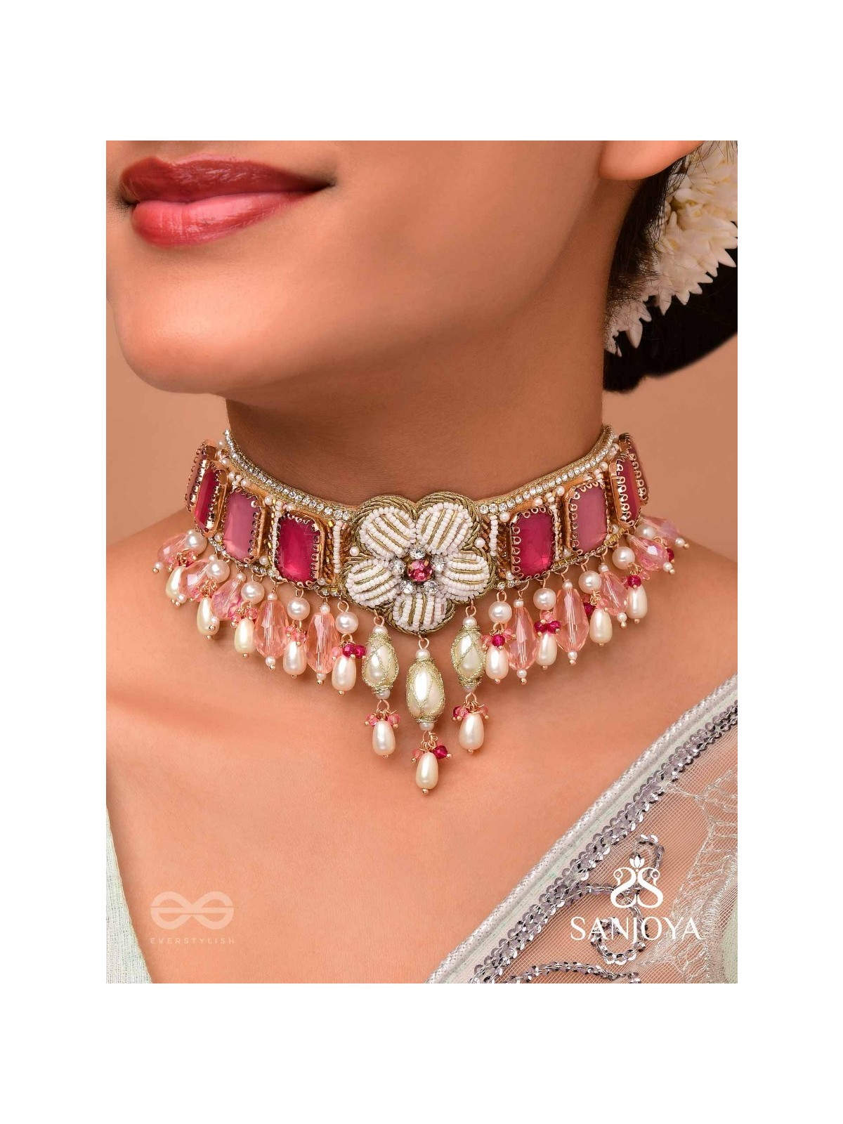 CHAANDIKUSUMA - THE ROYAL BLOSSOM- STONE, BEADS, GLASS AND PEARL DROPS HAND EMBROIDERED CHOKER NECKPIECE