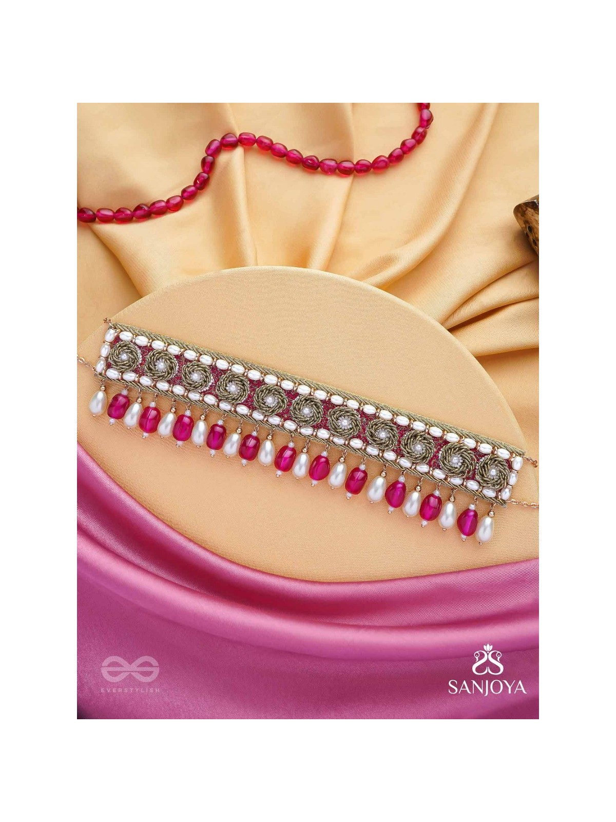 Paurandhra- The Divine Feminism-  Beads, Pearl And Glass Drops Hand Embroidered Choker Neckpiece