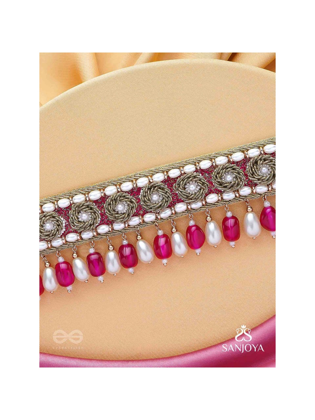 Paurandhra- The Divine Feminism-  Beads, Pearl And Glass Drops Hand Embroidered Choker Neckpiece