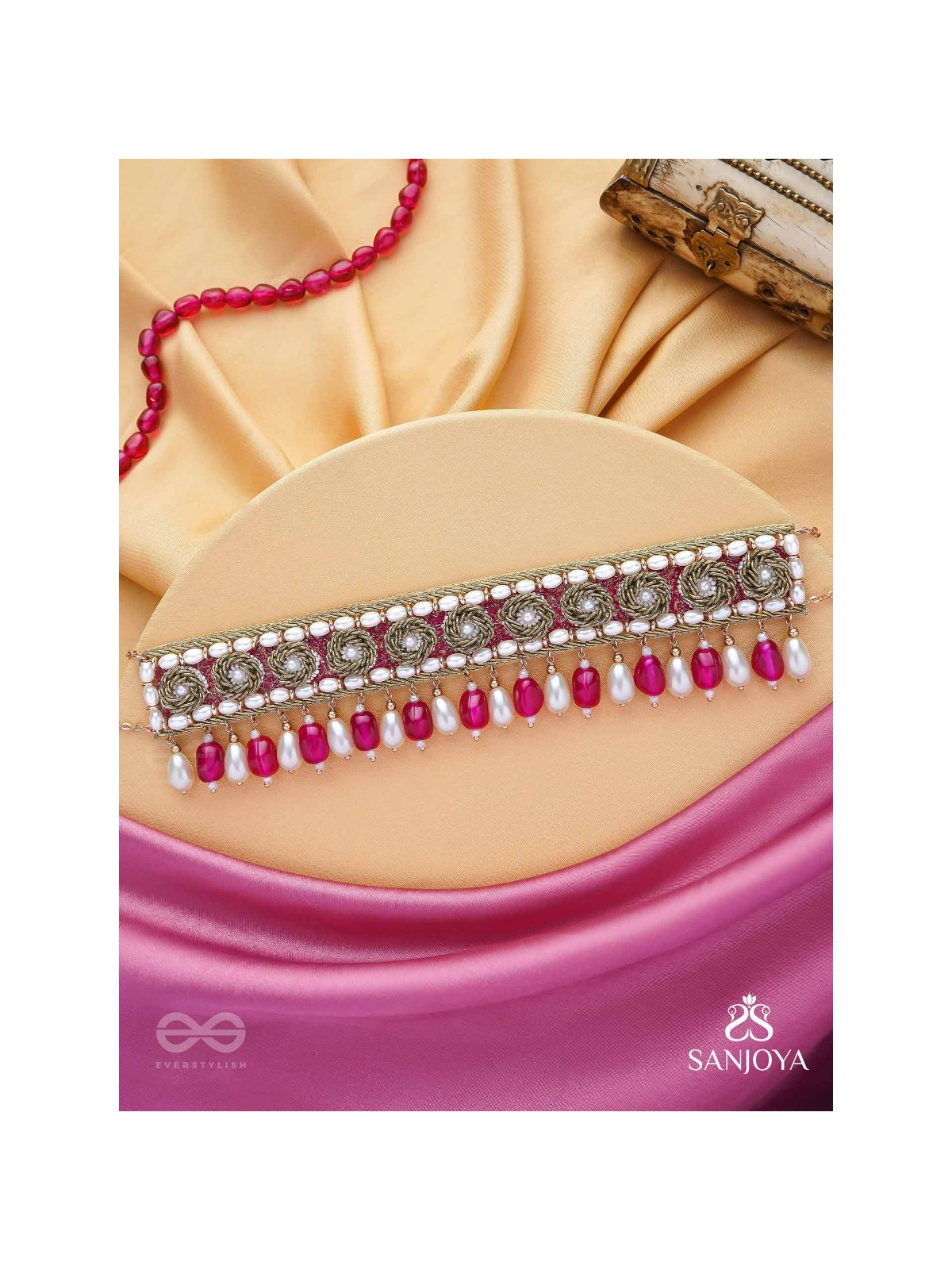 Paurandhra- The Divine Feminism-  Beads, Pearl And Glass Drops Hand Embroidered Choker Neckpiece