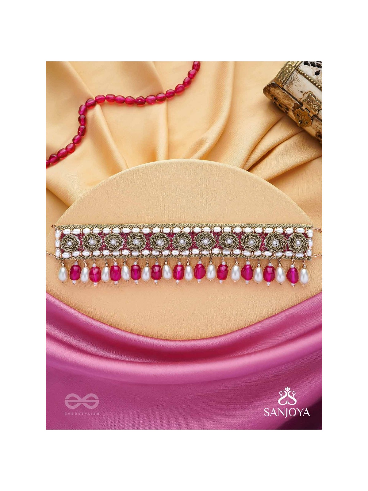 Paurandhra- The Divine Feminism-  Beads, Pearl And Glass Drops Hand Embroidered Choker Neckpiece