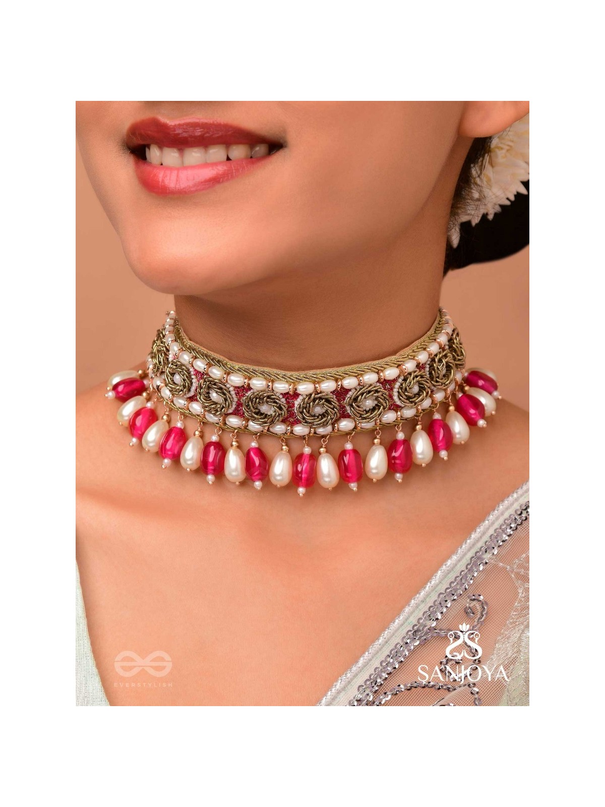 Paurandhra- The Divine Feminism-  Beads, Pearl And Glass Drops Hand Embroidered Choker Neckpiece