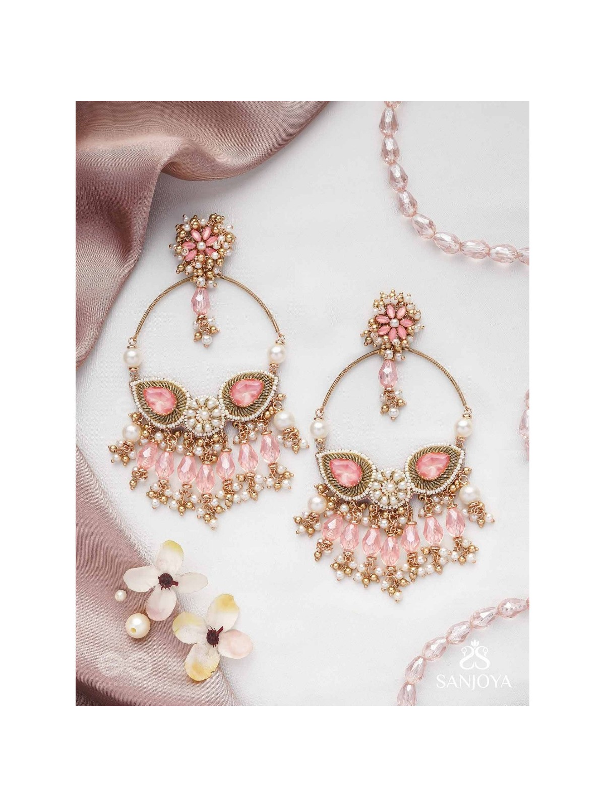 Satpushpa- The Blooming Grace- Stones, Beads, Pearls And Glass Drops Hand Embroidered Earrings