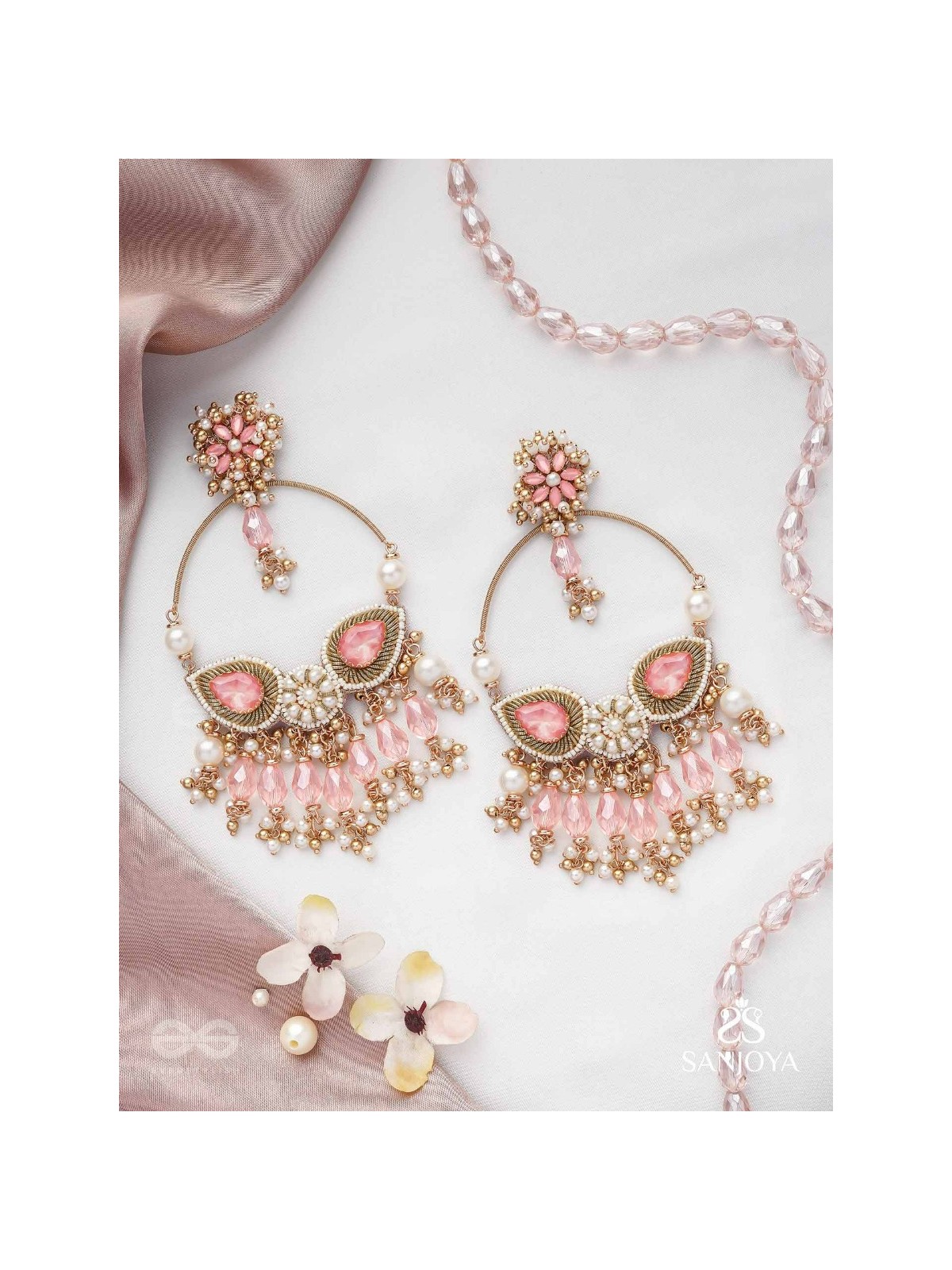 Satpushpa- The Blooming Grace- Stones, Beads, Pearls And Glass Drops Hand Embroidered Earrings