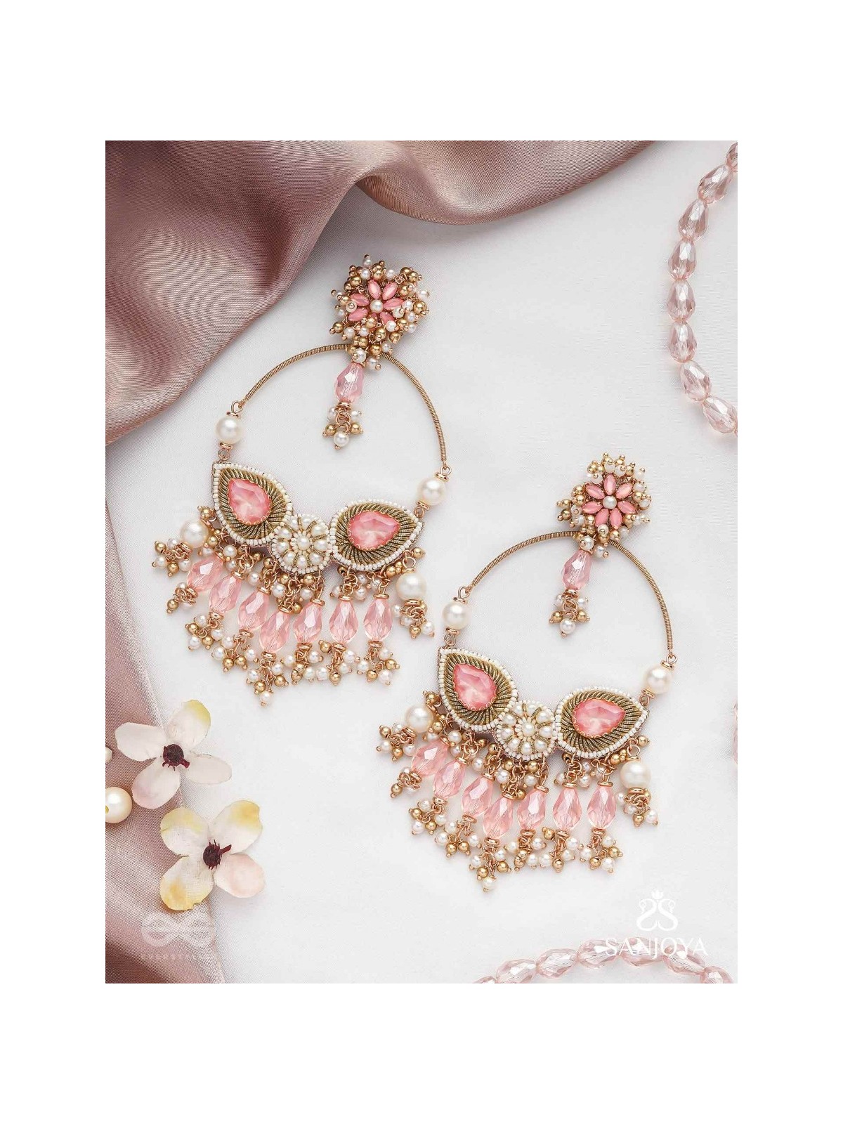 Satpushpa- The Blooming Grace- Stones, Beads, Pearls And Glass Drops Hand Embroidered Earrings