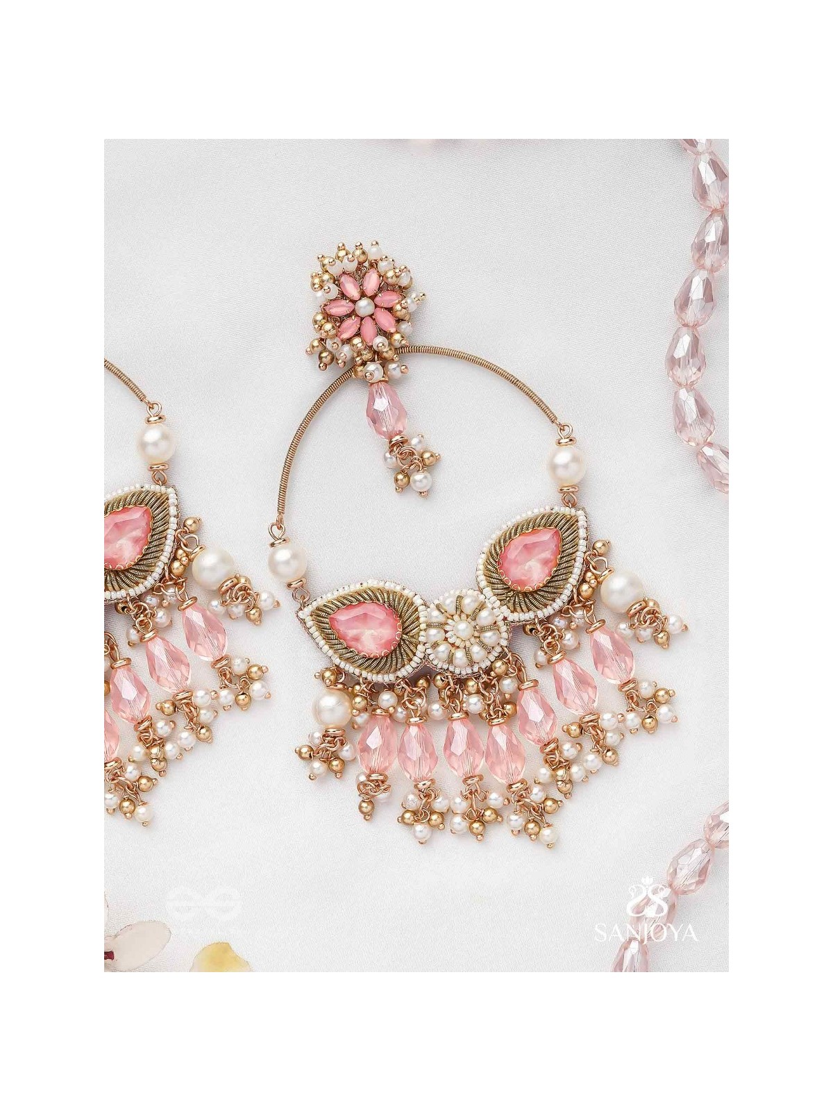 Satpushpa- The Blooming Grace- Stones, Beads, Pearls And Glass Drops Hand Embroidered Earrings