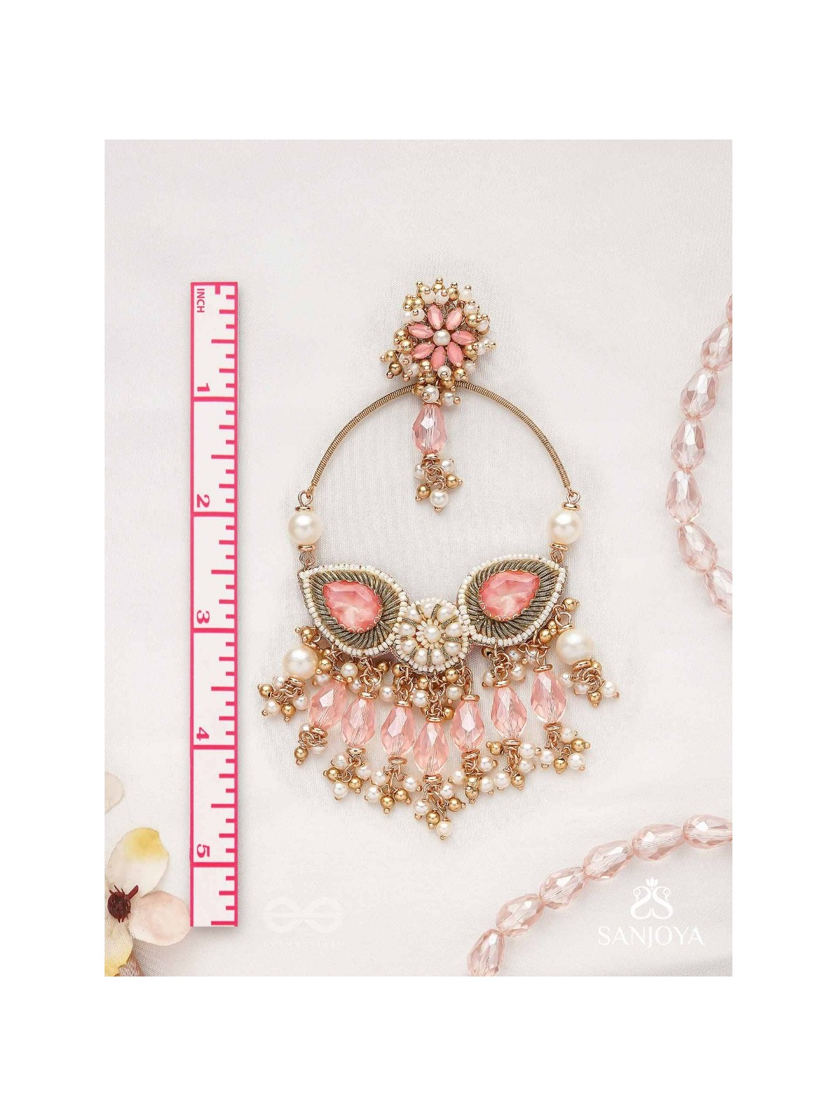 Satpushpa- The Blooming Grace- Stones, Beads, Pearls And Glass Drops Hand Embroidered Earrings