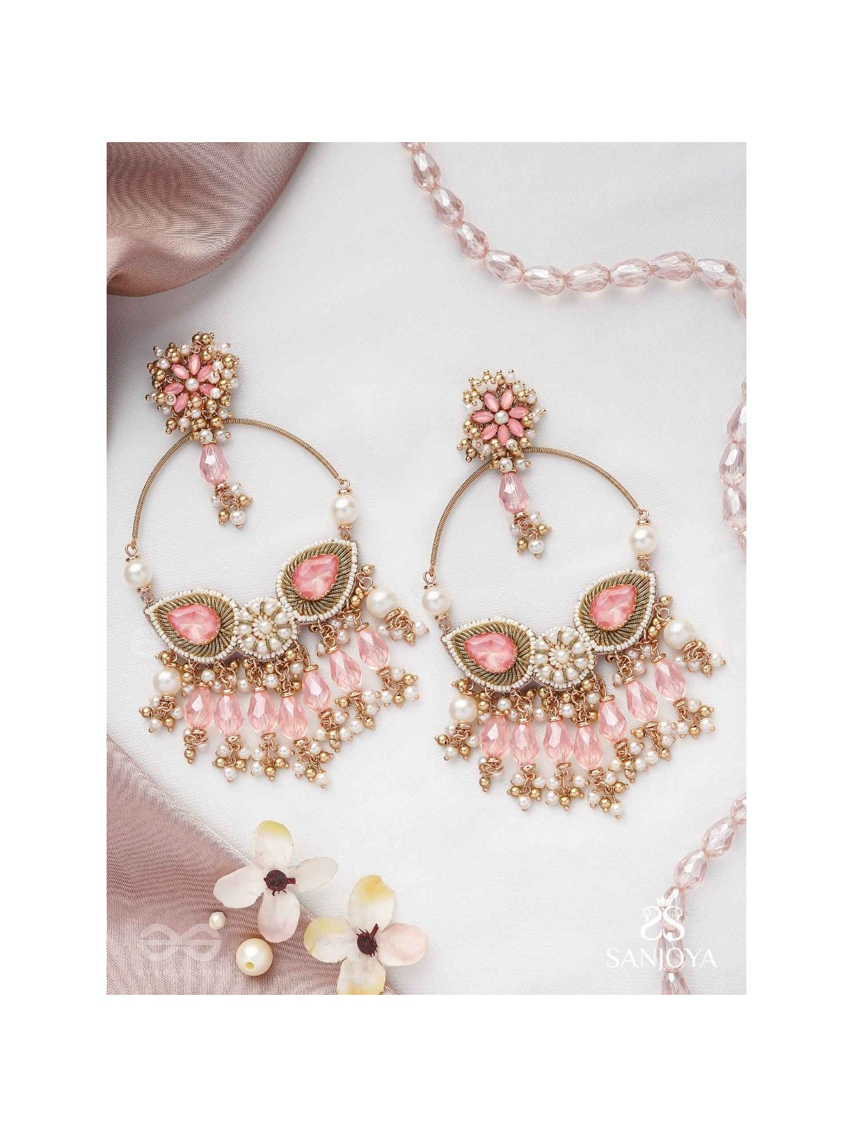 Satpushpa- The Blooming Grace- Stones, Beads, Pearls And Glass Drops Hand Embroidered Earrings
