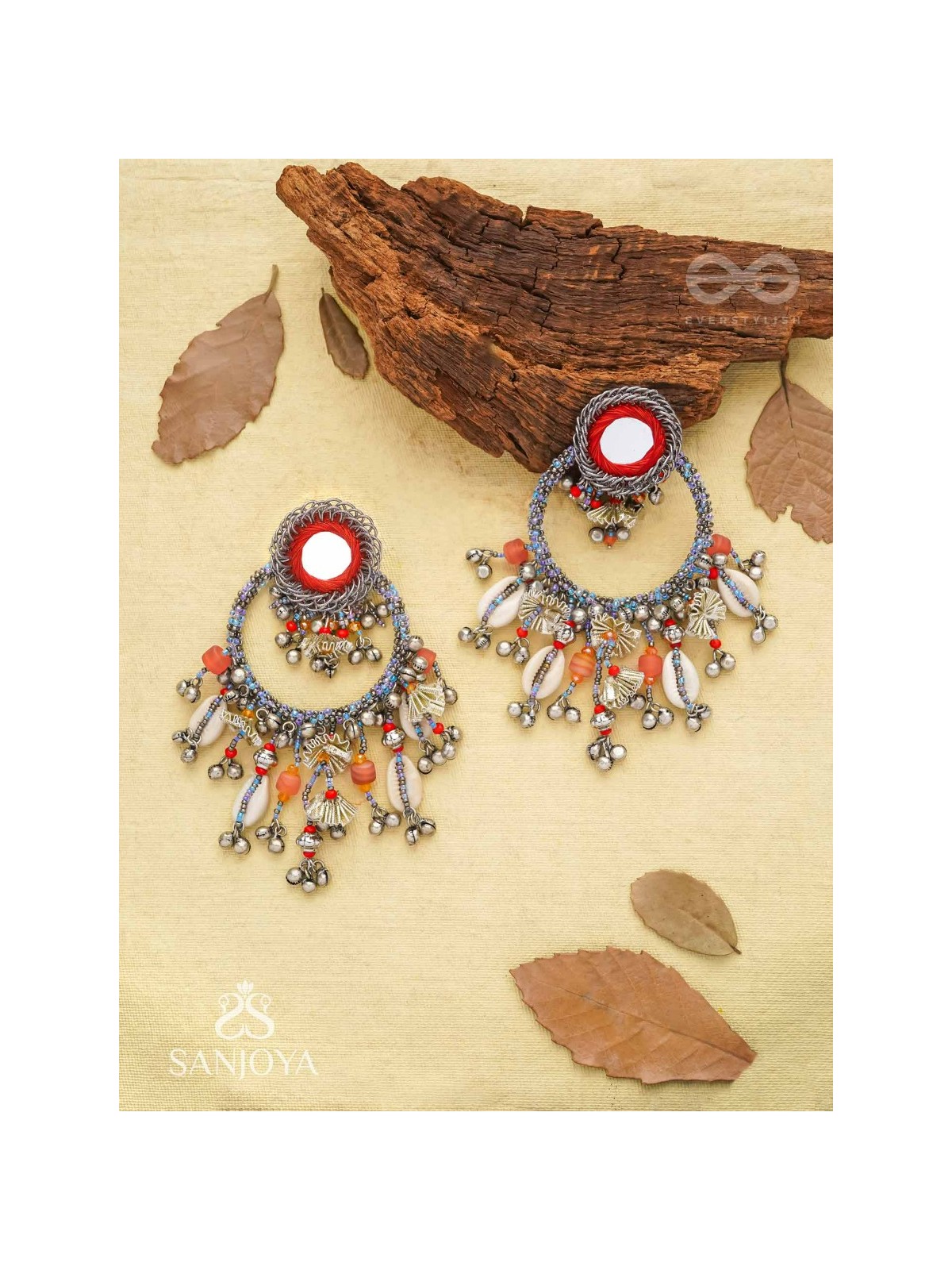 Pradhma - The Ocean Treasures - Beads, Mirror And Shells Hand Embroidered Oxidised Earrings