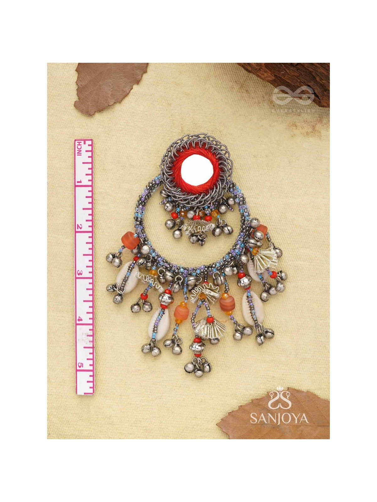 Pradhma - The Ocean Treasures - Beads, Mirror And Shells Hand Embroidered Oxidised Earrings