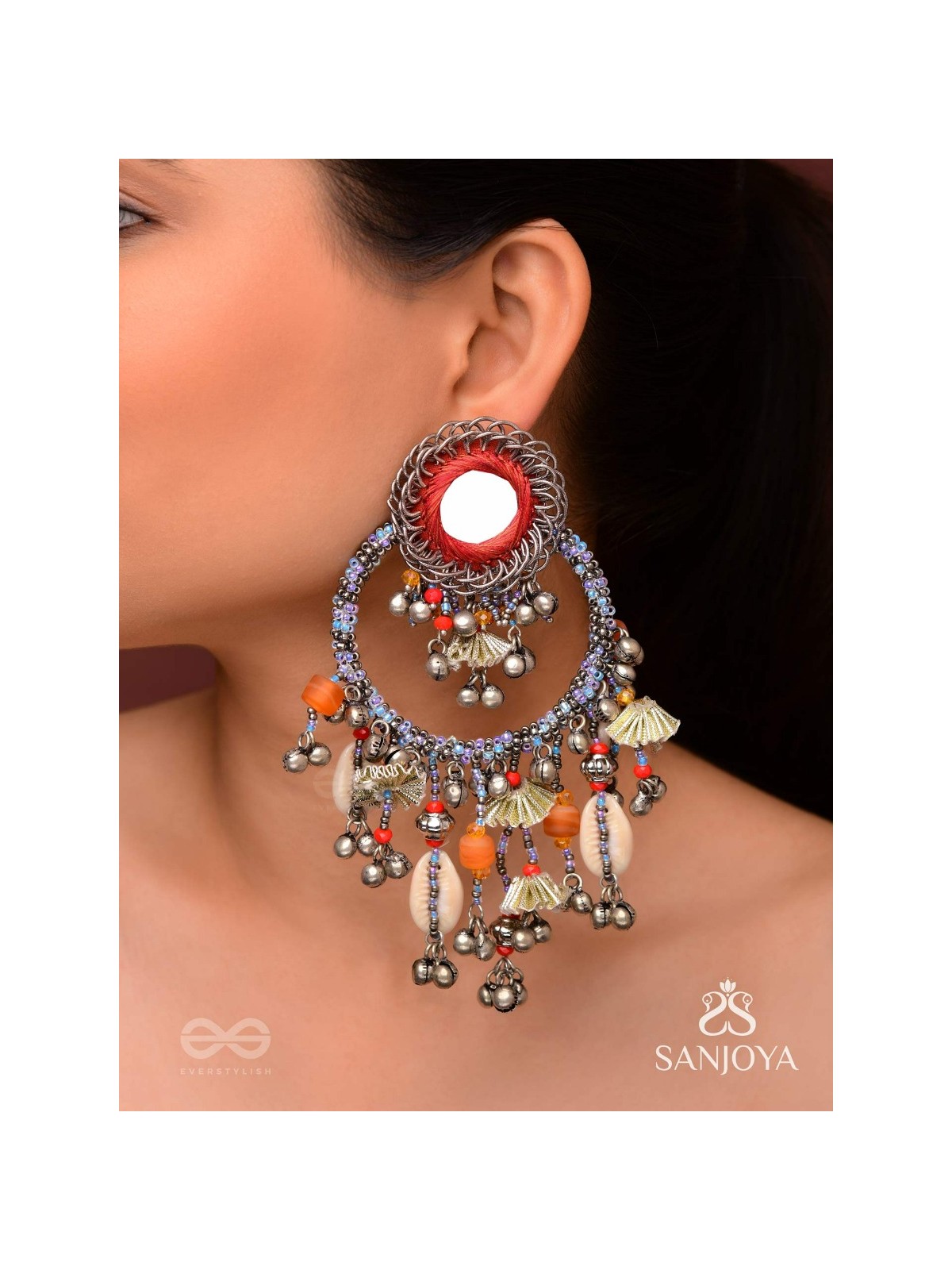 Pradhma - The Ocean Treasures - Beads, Mirror And Shells Hand Embroidered Oxidised Earrings
