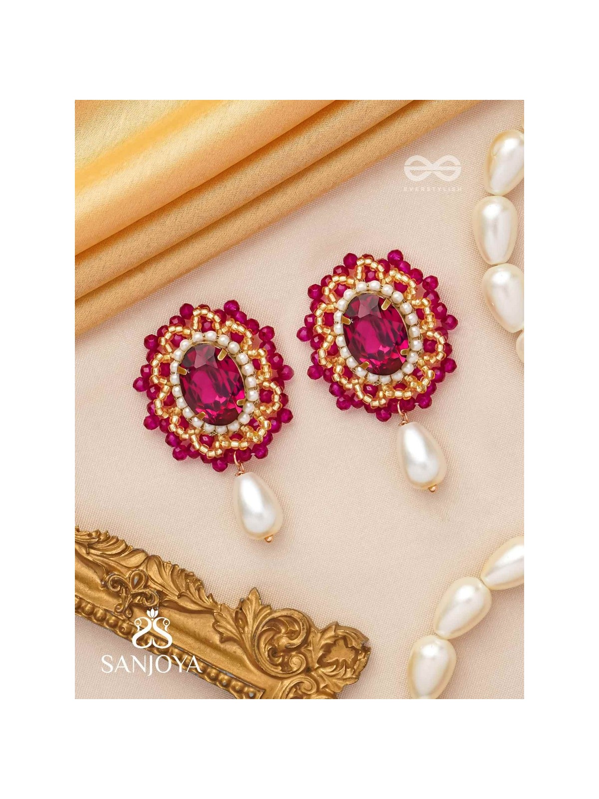 Vasatya- The Pink Dust- Stones, Beads And Pearl Drops Hand Embroidered Earrings