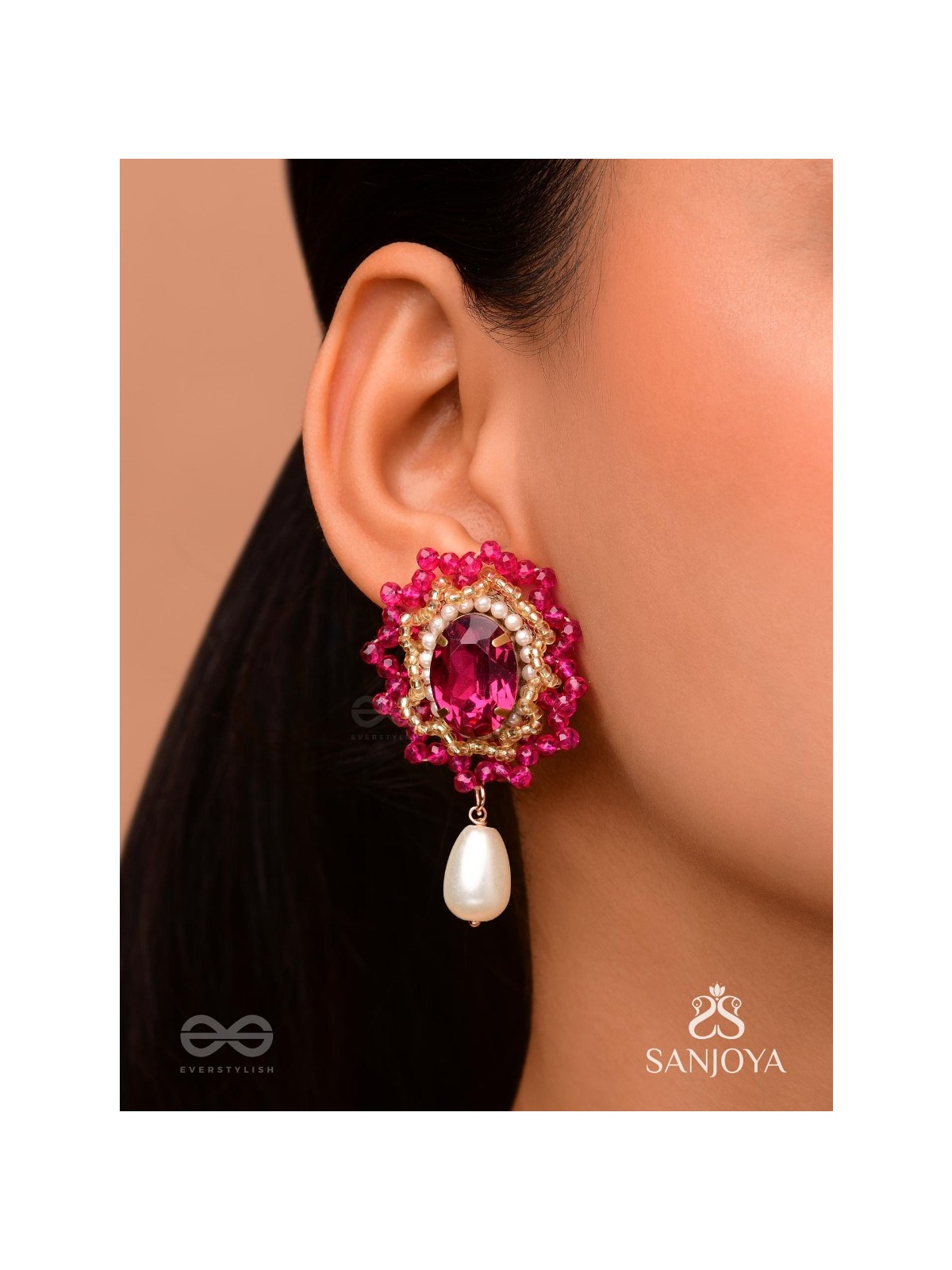 Vasatya- The Pink Dust- Stones, Beads And Pearl Drops Hand Embroidered Earrings