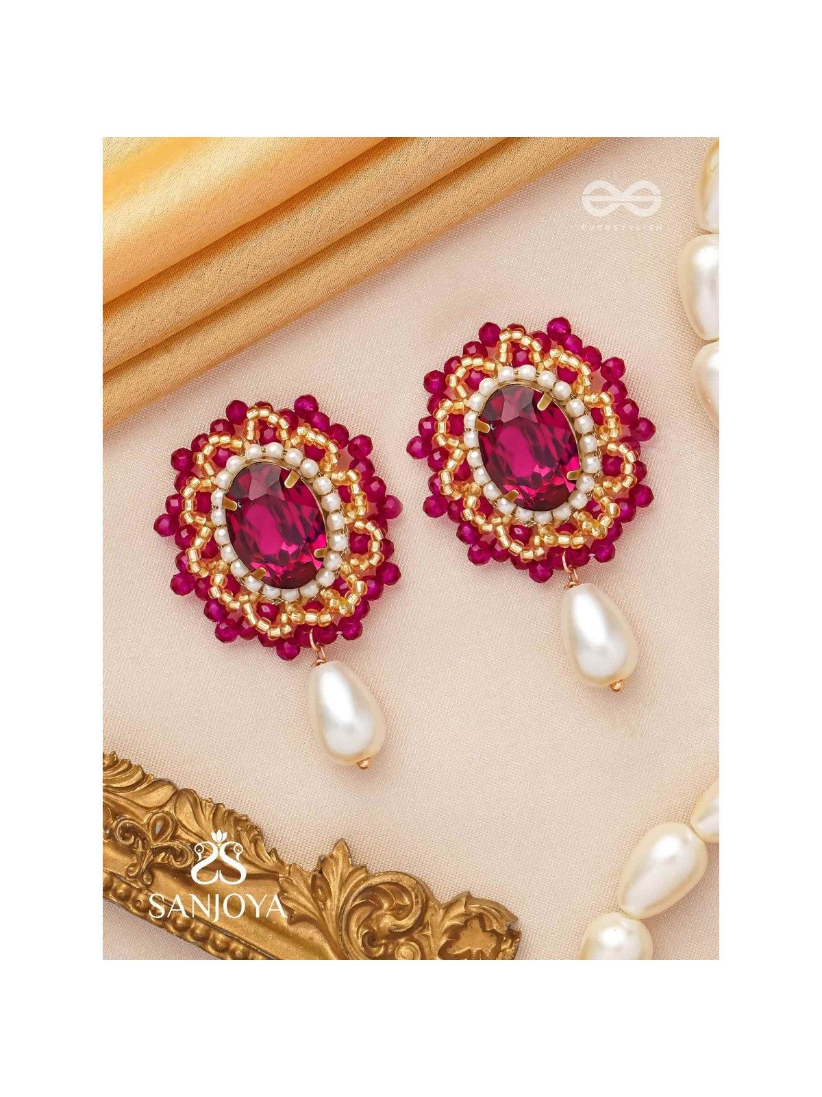 Vasatya- The Pink Dust- Stones, Beads And Pearl Drops Hand Embroidered Earrings
