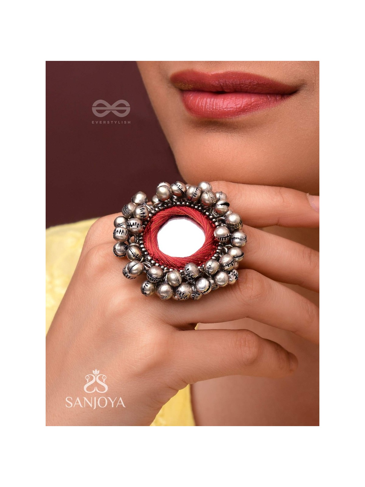 Ankara - The Tinkling Melodies - Beads And Mirror Hand Embroidered Oxidised Ring