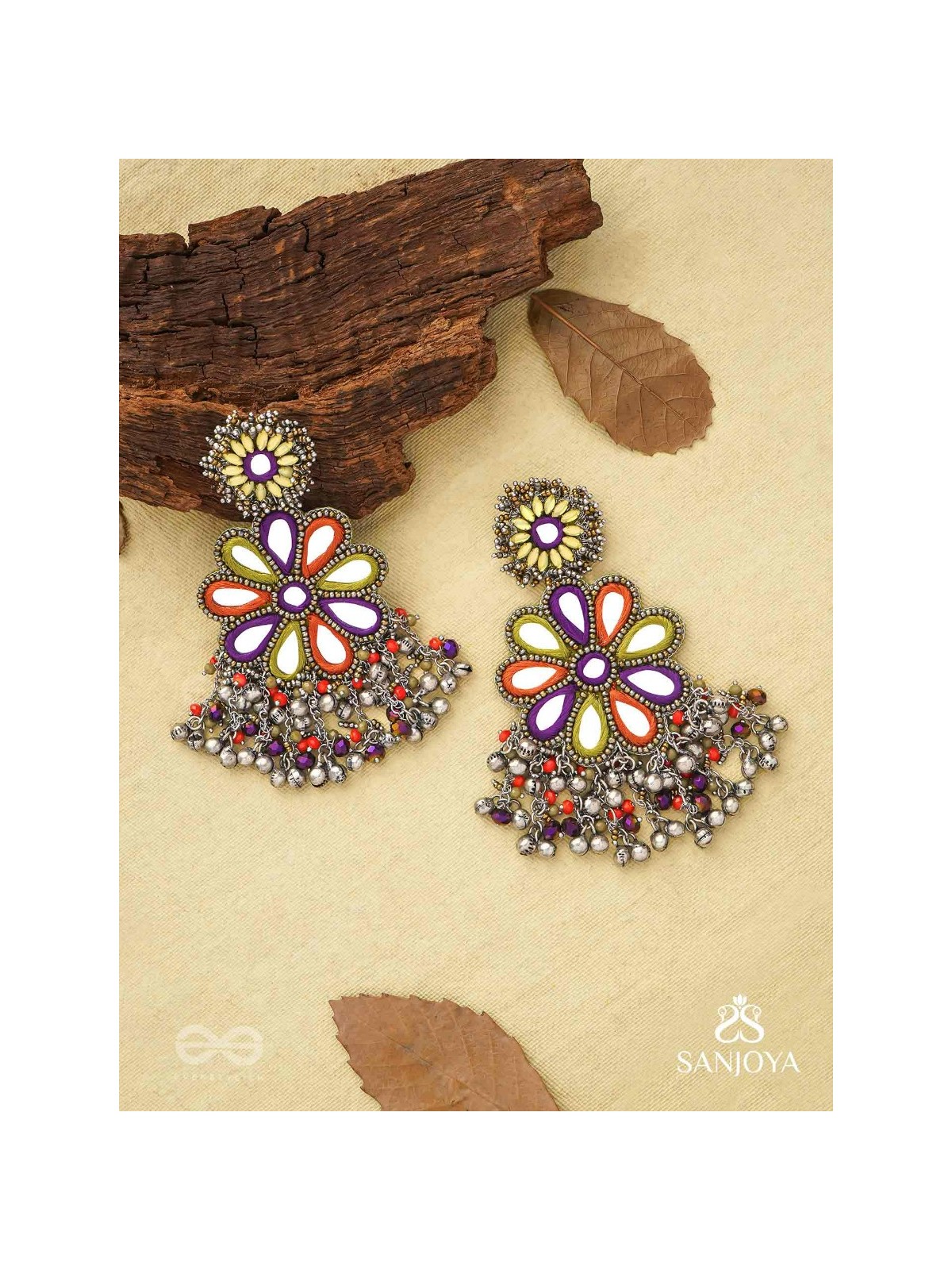 Ambuvasini - The Angel's Flower - Mirror, Resham And Beads Hand Embroidered Oxidised Earrings
