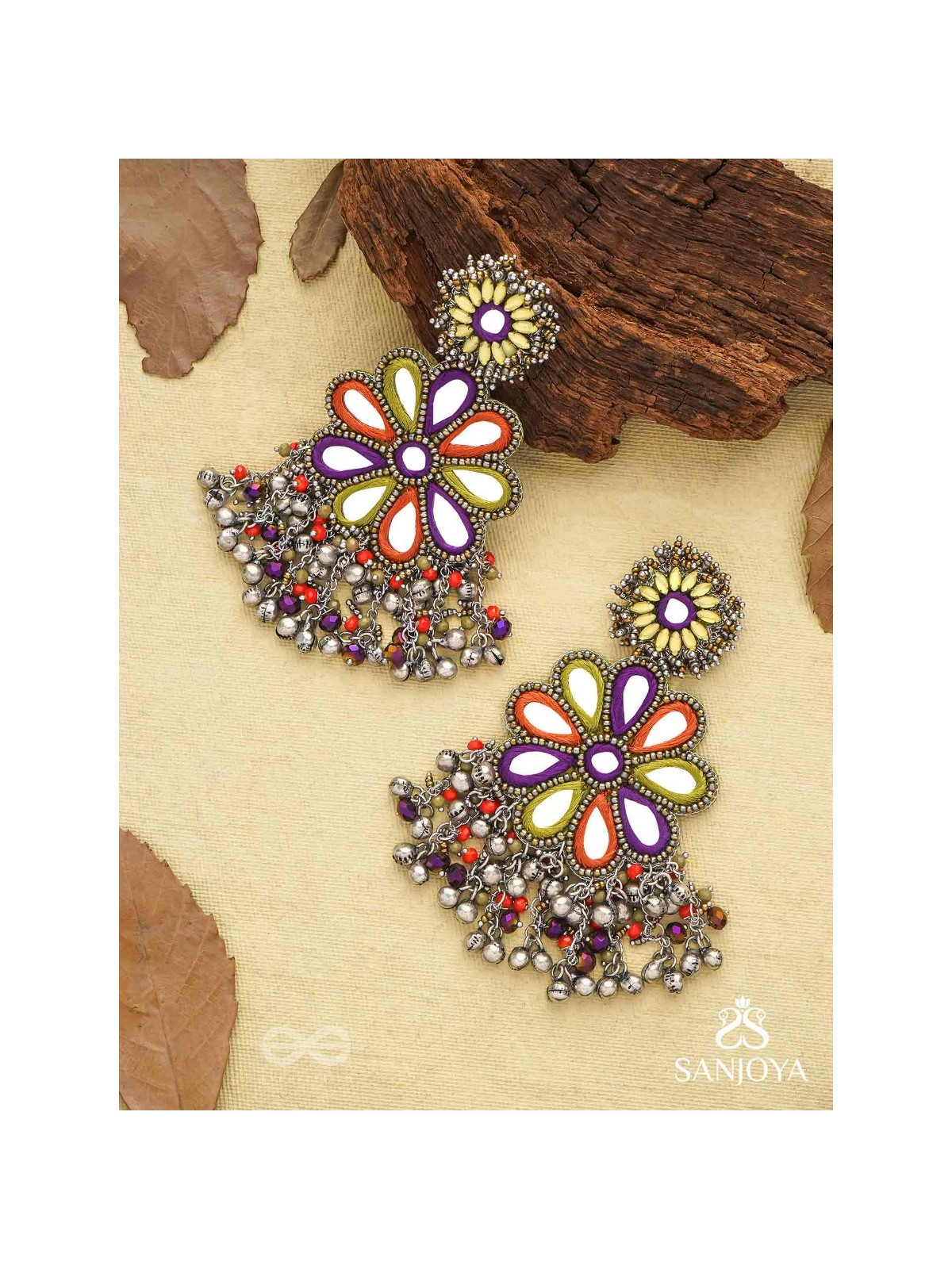 Ambuvasini - The Angel's Flower - Mirror, Resham And Beads Hand Embroidered Oxidised Earrings