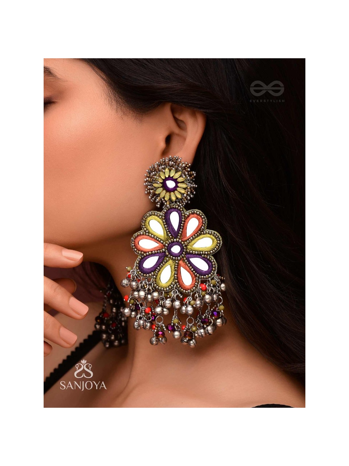 Ambuvasini - The Angel's Flower - Mirror, Resham And Beads Hand Embroidered Oxidised Earrings