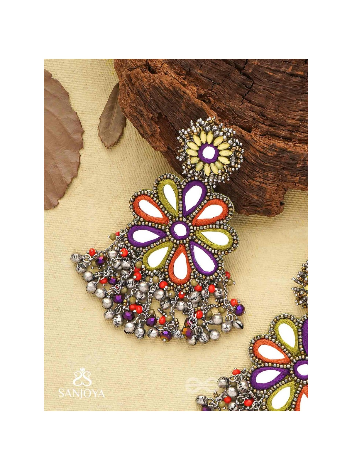Ambuvasini - The Angel's Flower - Mirror, Resham And Beads Hand Embroidered Oxidised Earrings