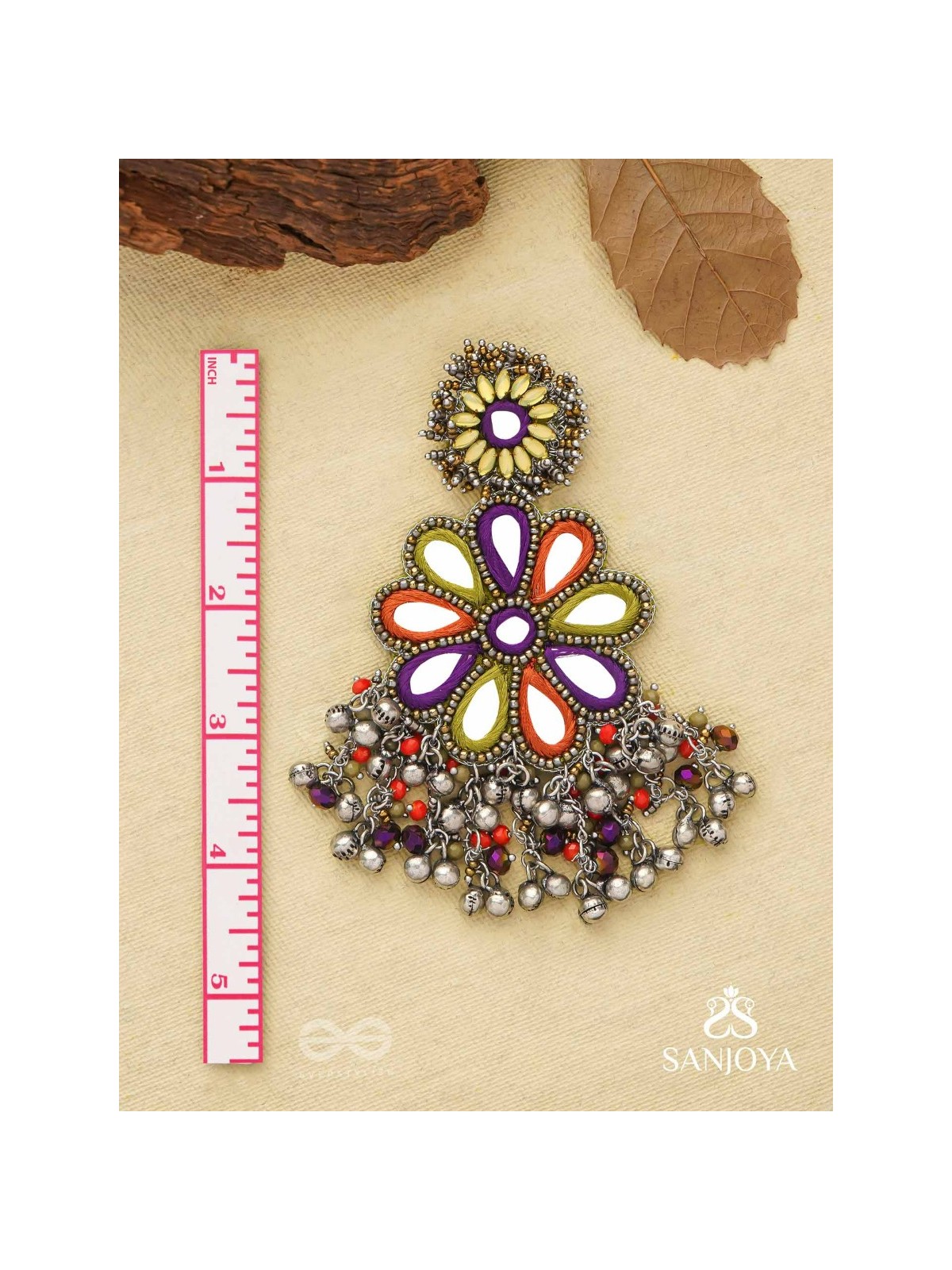 Ambuvasini - The Angel's Flower - Mirror, Resham And Beads Hand Embroidered Oxidised Earrings