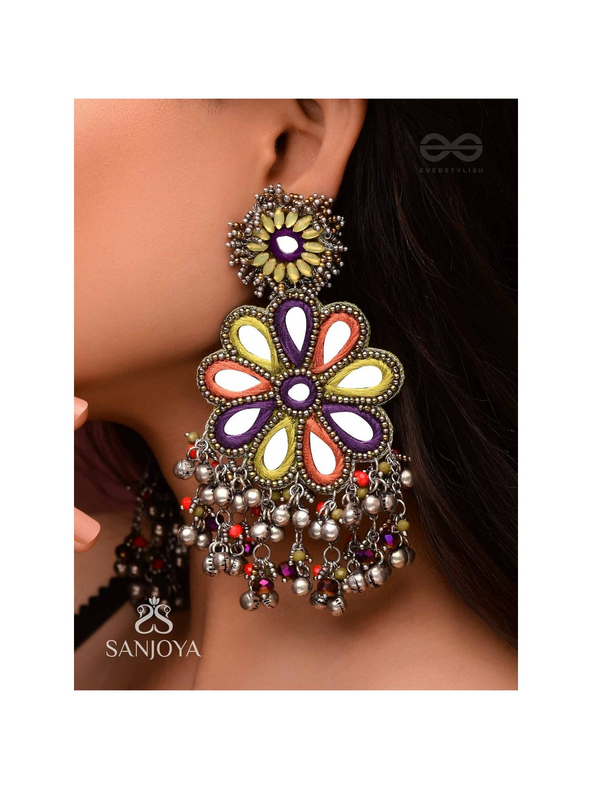 Ambuvasini - The Angel's Flower - Mirror, Resham And Beads Hand Embroidered Oxidised Earrings
