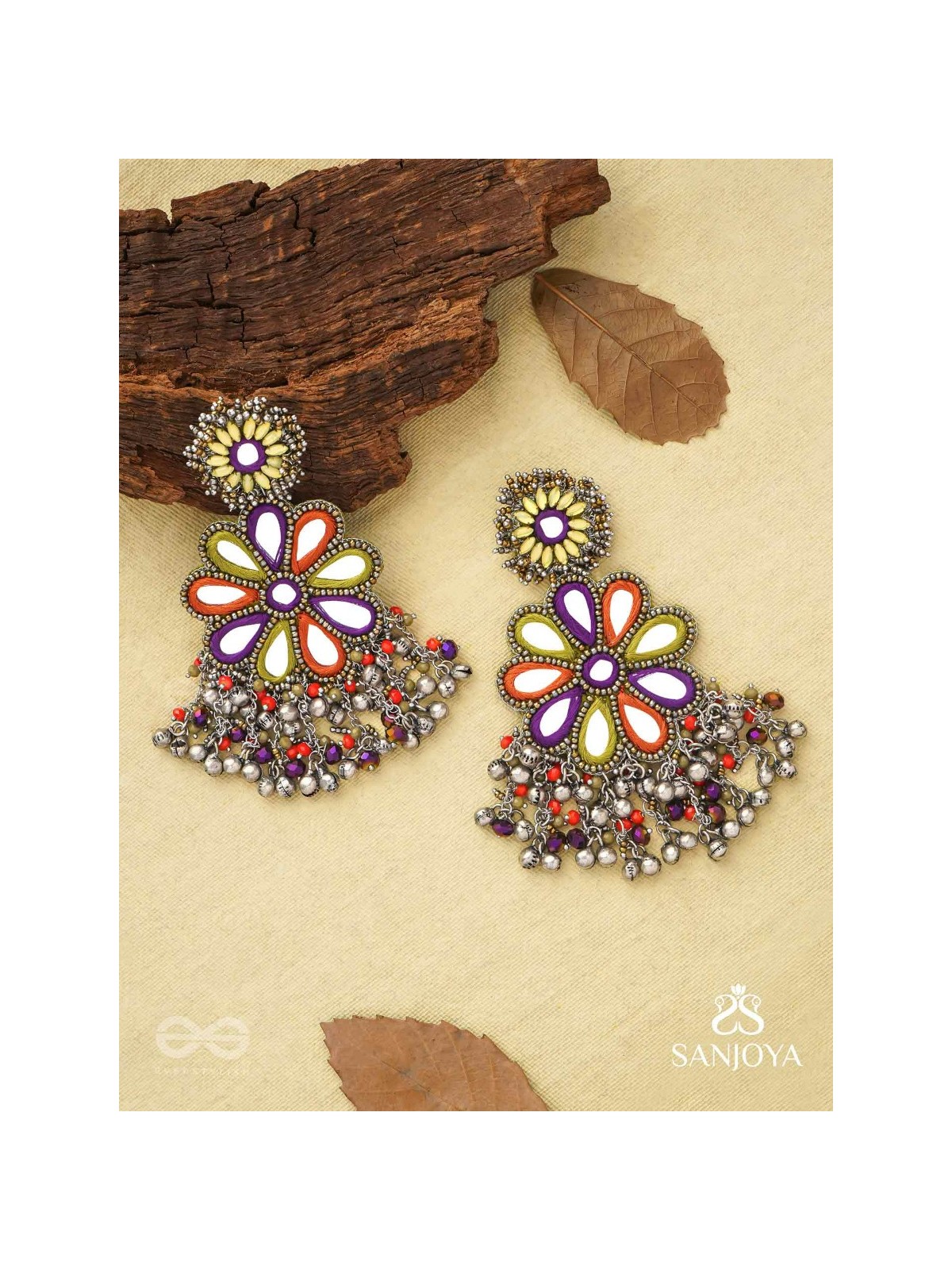 Ambuvasini - The Angel's Flower - Mirror, Resham And Beads Hand Embroidered Oxidised Earrings