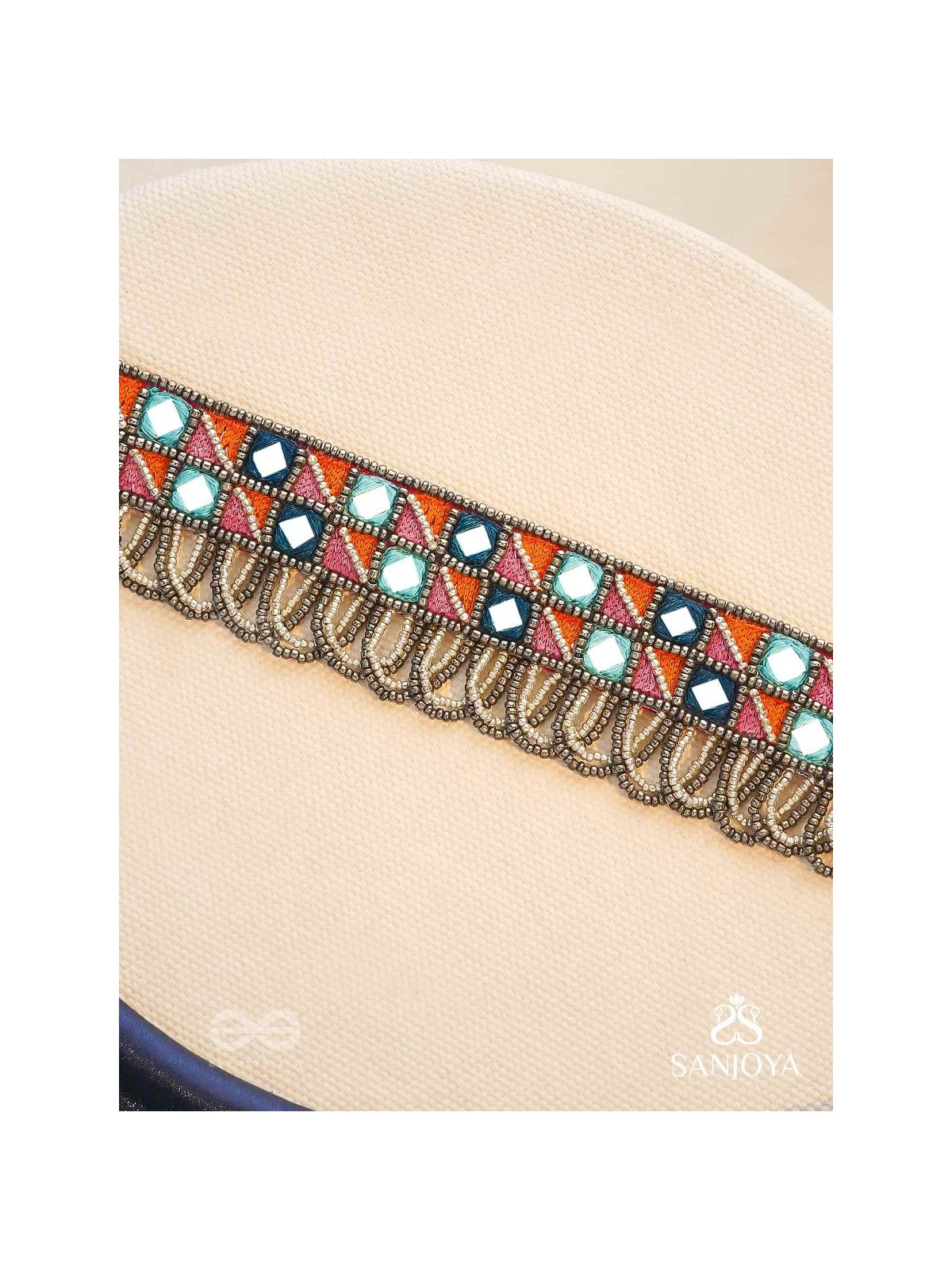 Dyupatha - The Sky Horizon - Mirror And Beads Hand Embroidered Oxidised Neckpiece