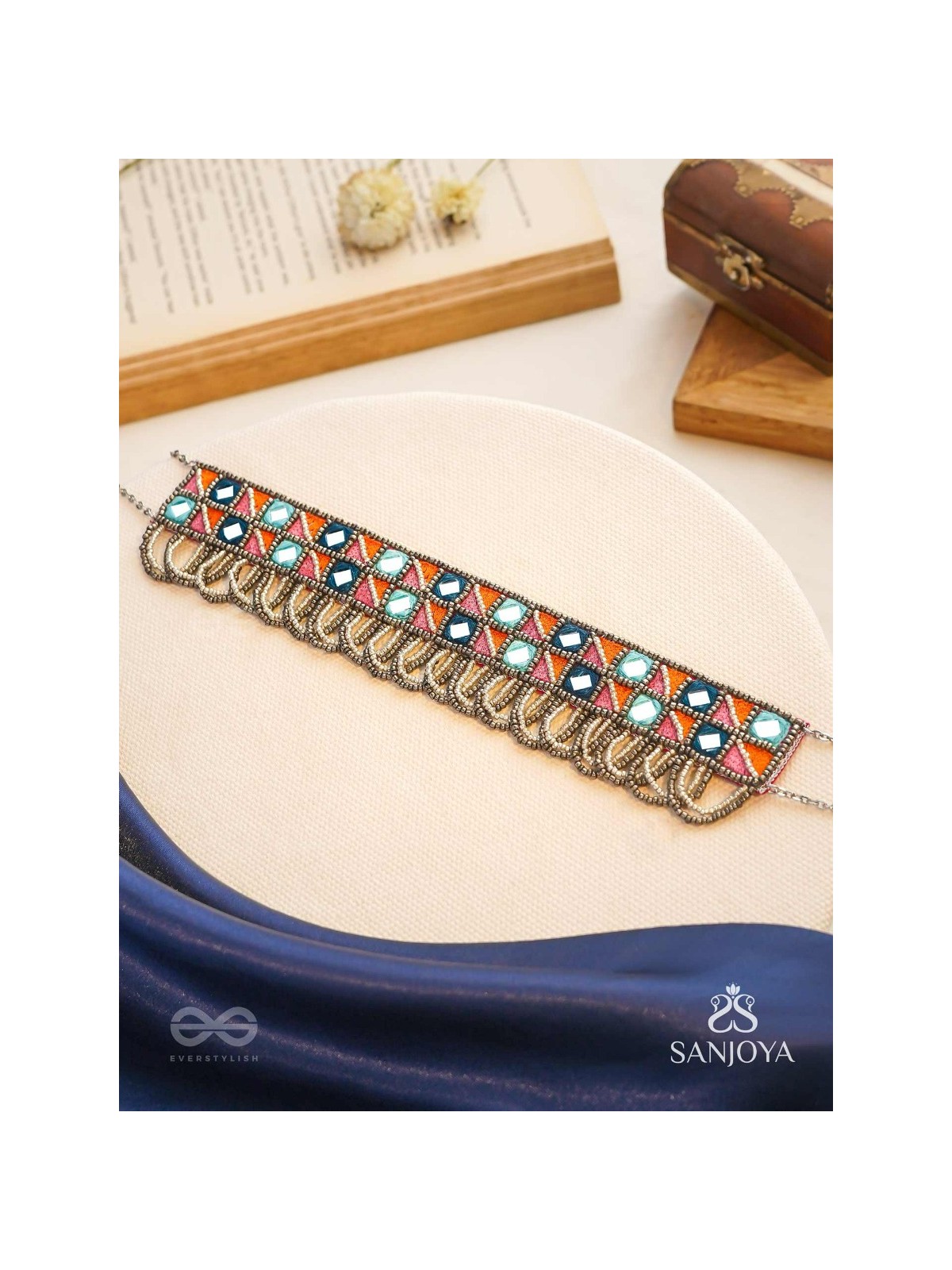 Dyupatha - The Sky Horizon - Mirror And Beads Hand Embroidered Oxidised Neckpiece