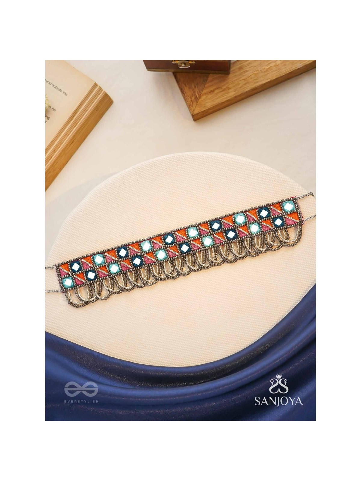 Dyupatha - The Sky Horizon - Mirror And Beads Hand Embroidered Oxidised Neckpiece