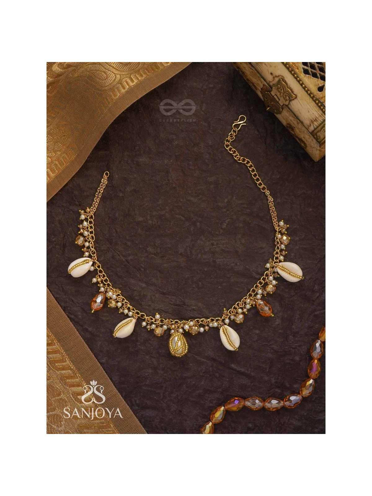 Astrta - Ivory Snowdrops -  Beads, Shells And Glass Drop Hand Embroidered Neckpiece