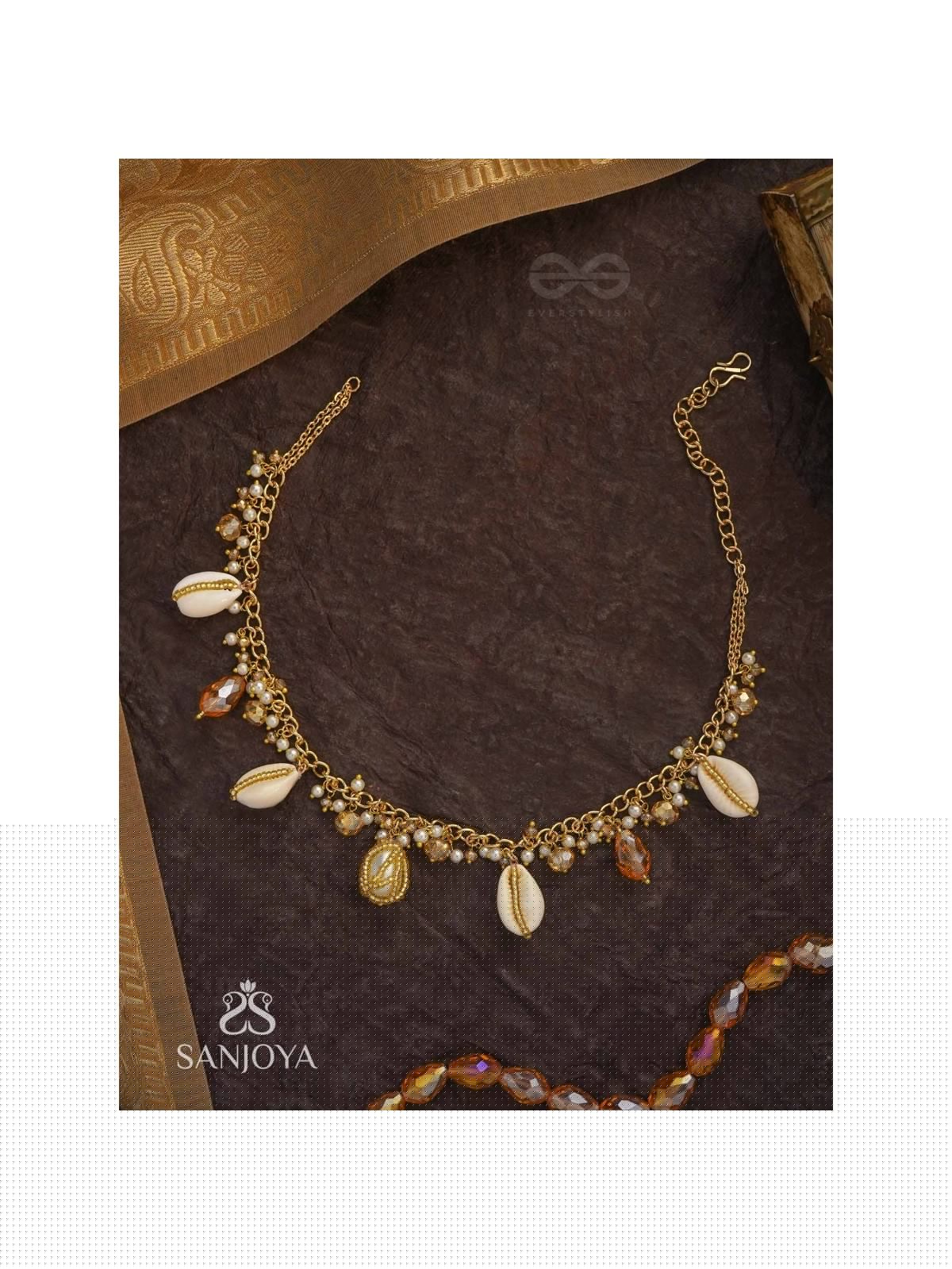 Astrta - Ivory Snowdrops -  Beads, Shells And Glass Drop Hand Embroidered Neckpiece