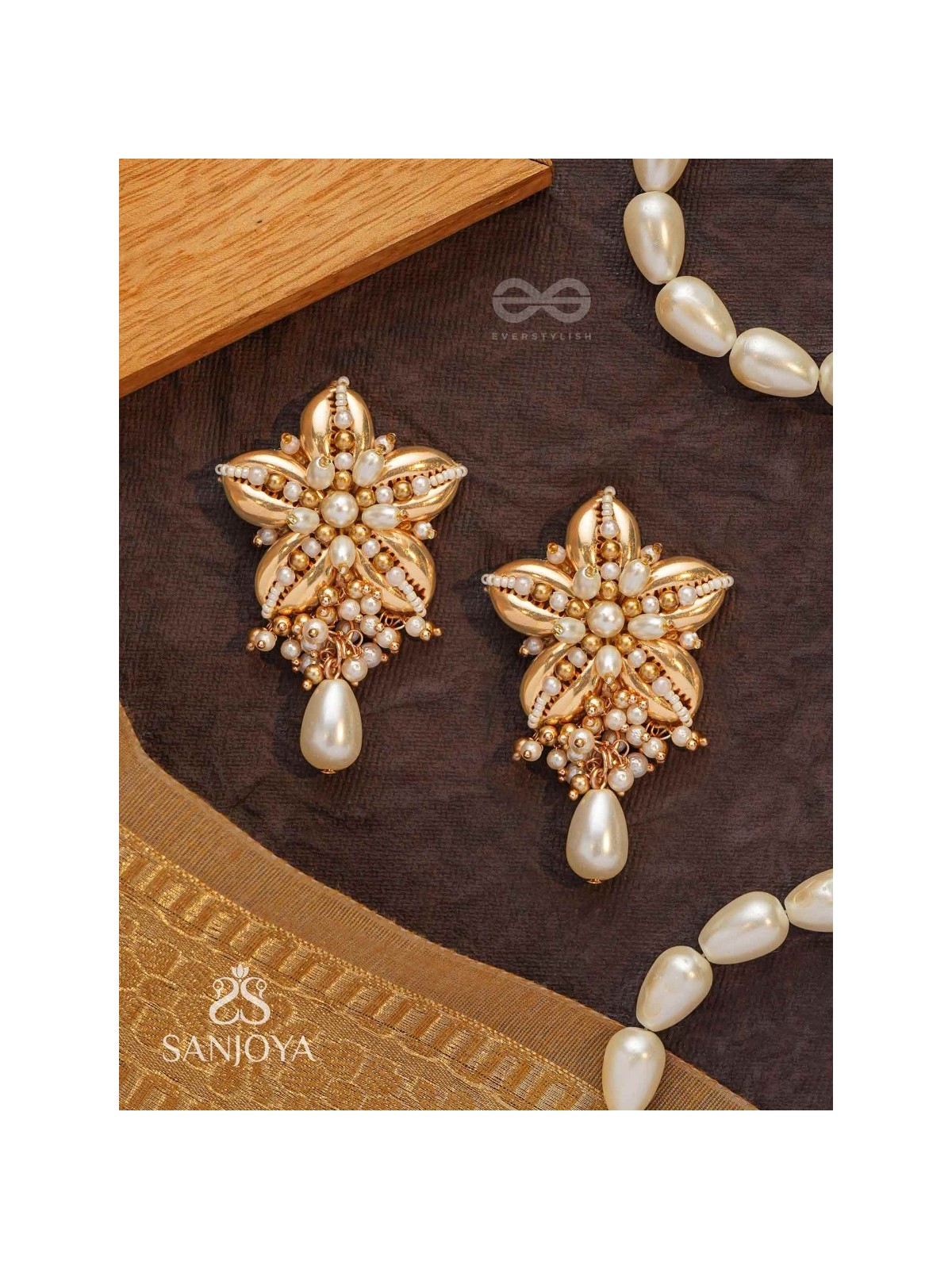 Kanaka - The Gleaming Blossoms - Beads, Shells And Pearl Drops Hand Embroidered Earrings
