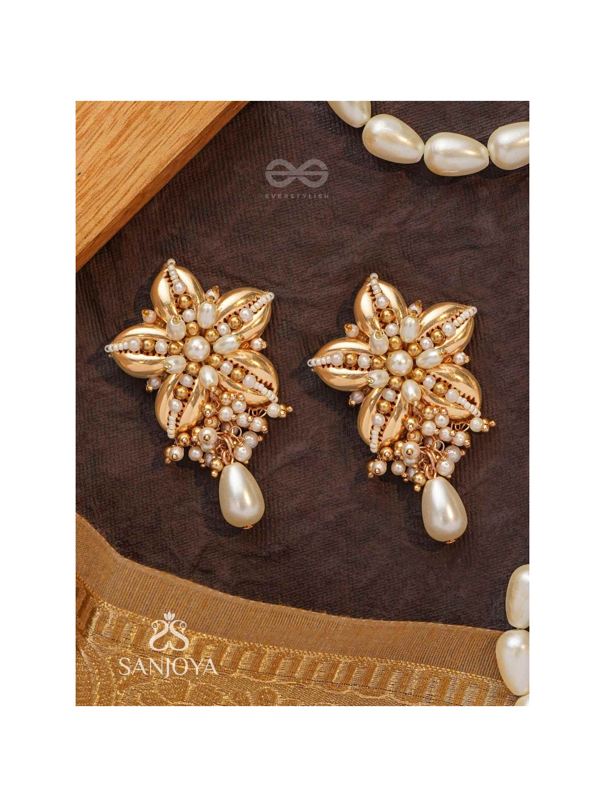 Kanaka - The Gleaming Blossoms - Beads, Shells And Pearl Drops Hand Embroidered Earrings