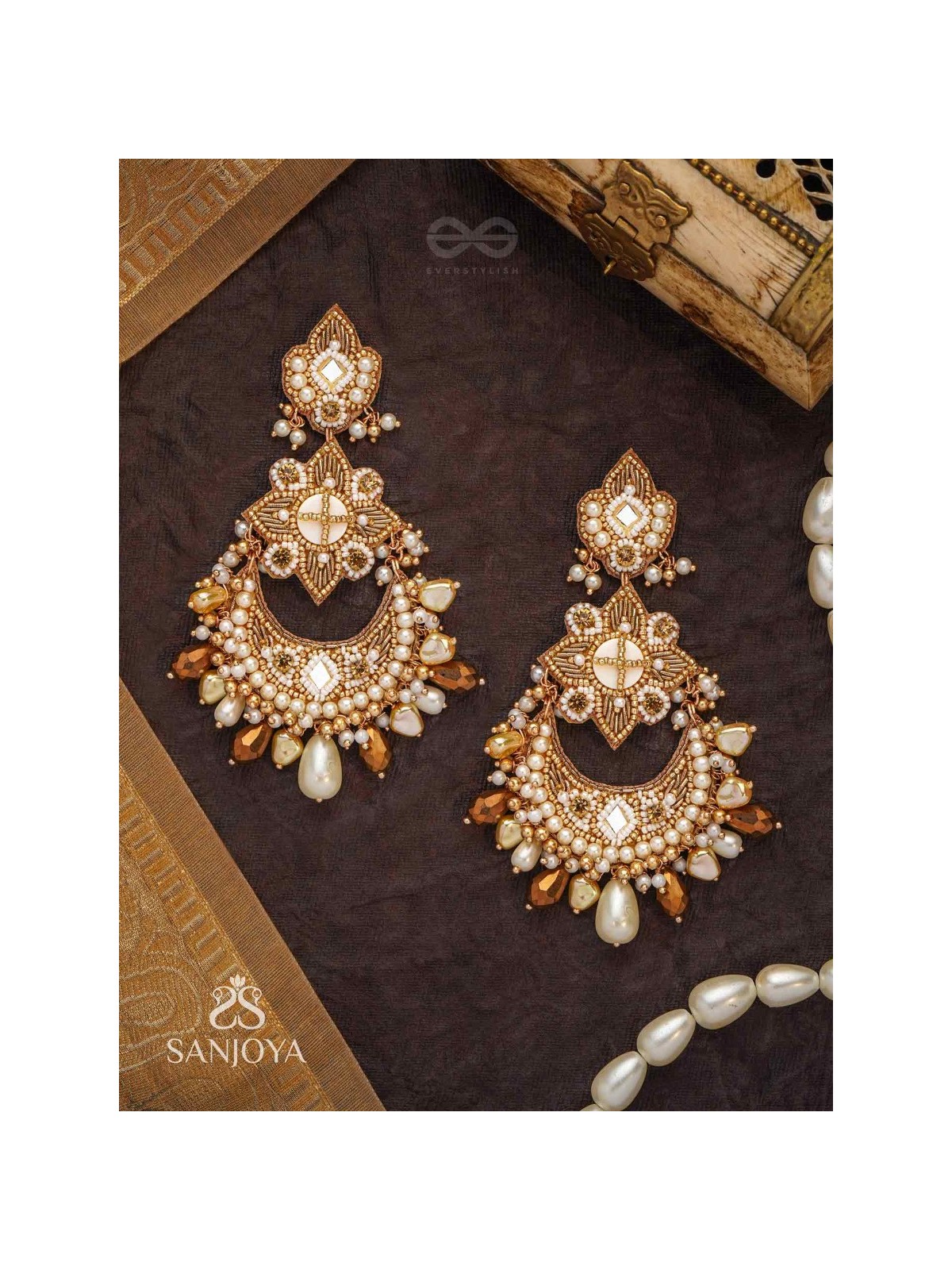 Adhirukma - The Celestial Petals - Beads, Mirrors And Glass Drops Hand Embroidered Earrings