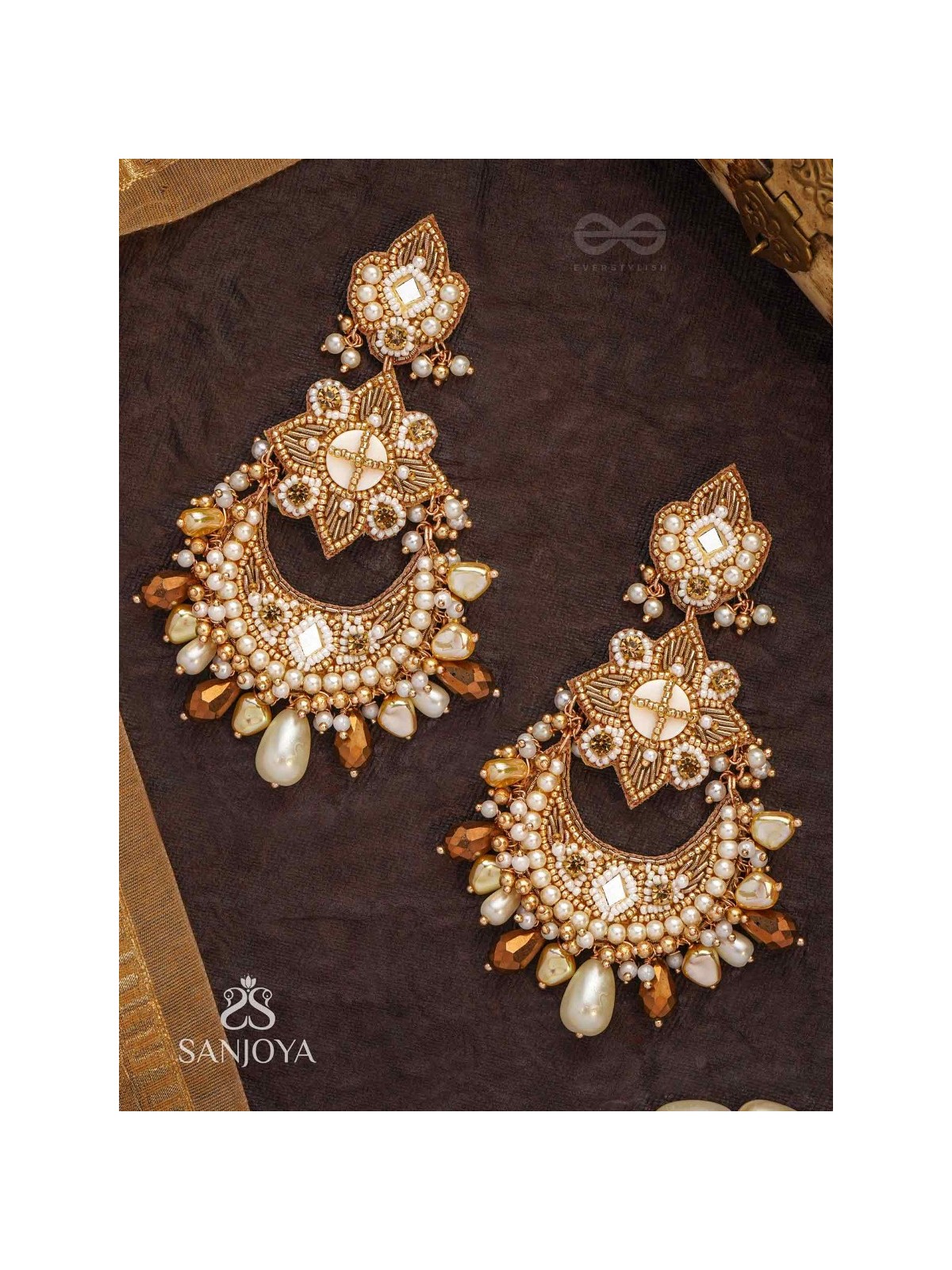 Adhirukma - The Celestial Petals - Beads, Mirrors And Glass Drops Hand Embroidered Earrings