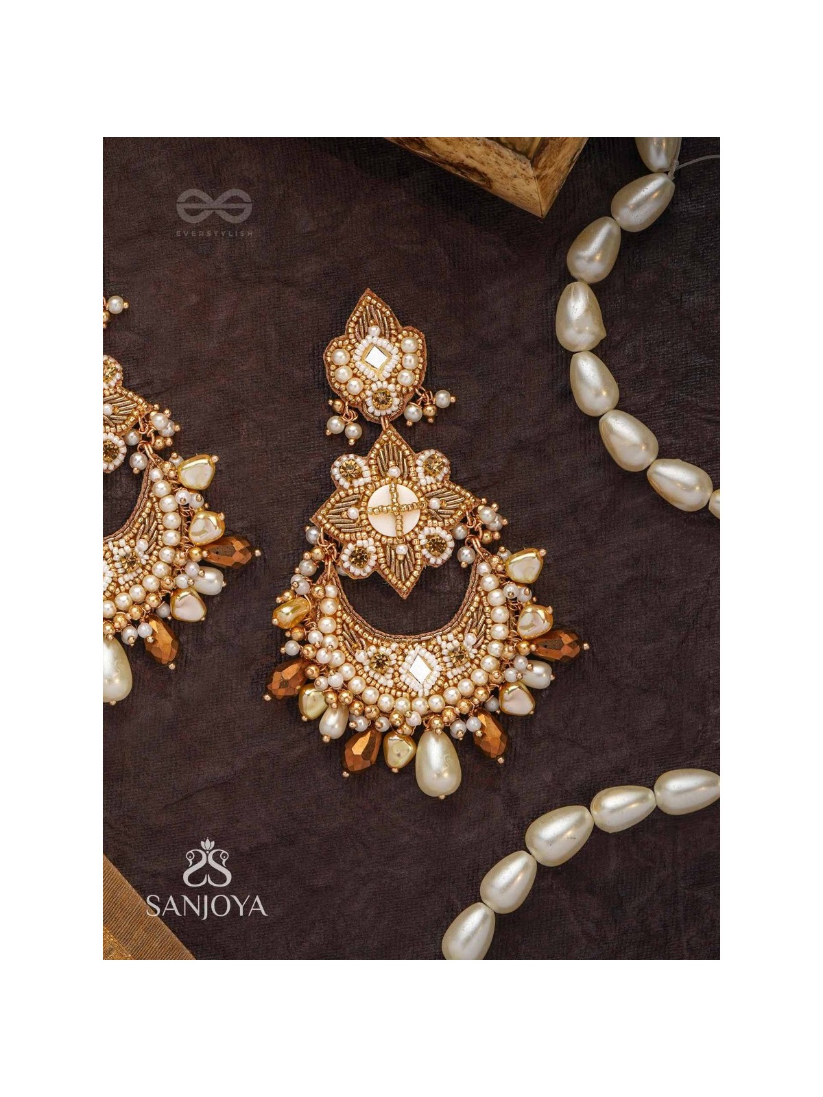 Adhirukma - The Celestial Petals - Beads, Mirrors And Glass Drops Hand Embroidered Earrings