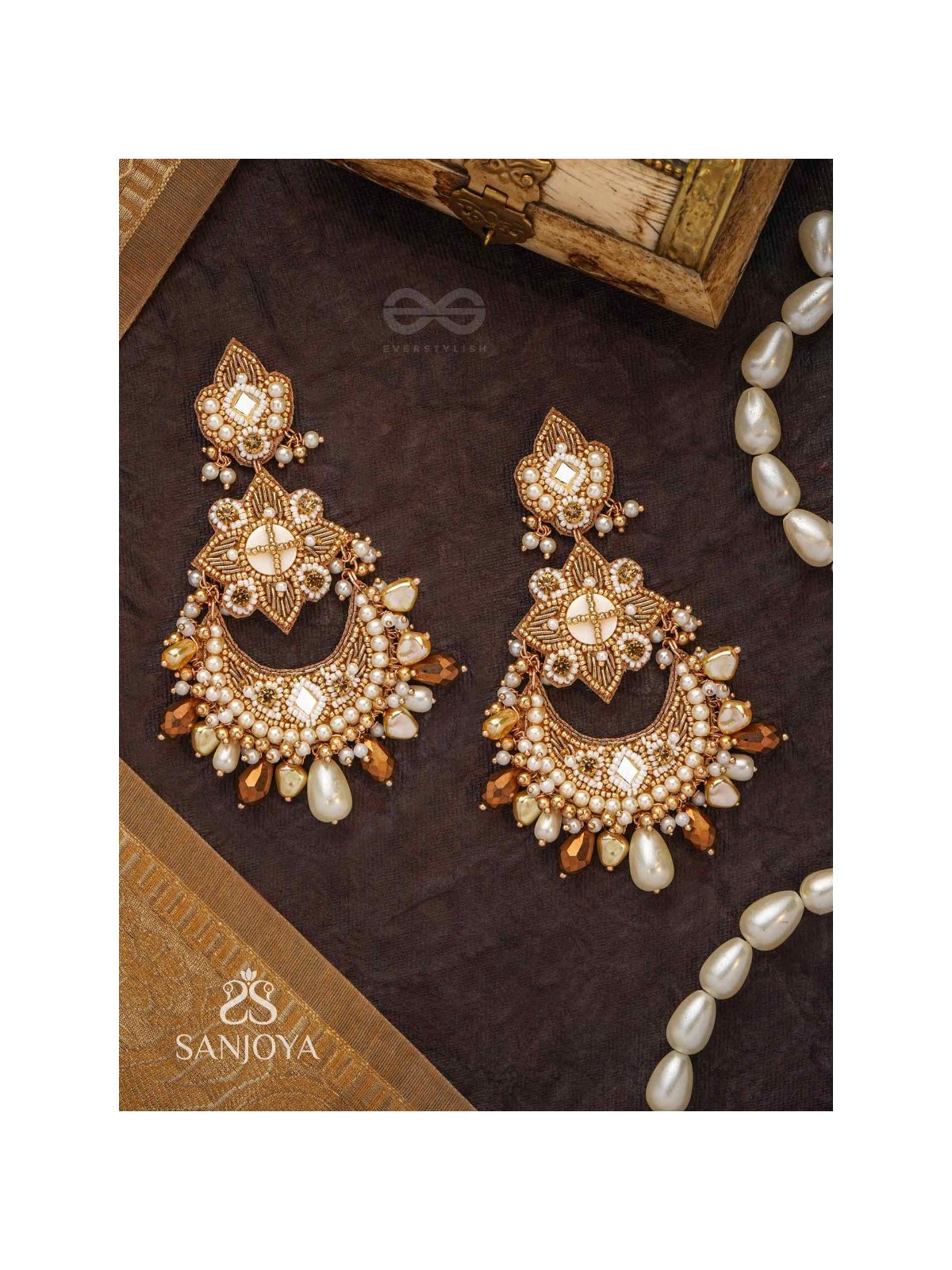 Adhirukma - The Celestial Petals - Beads, Mirrors And Glass Drops Hand Embroidered Earrings