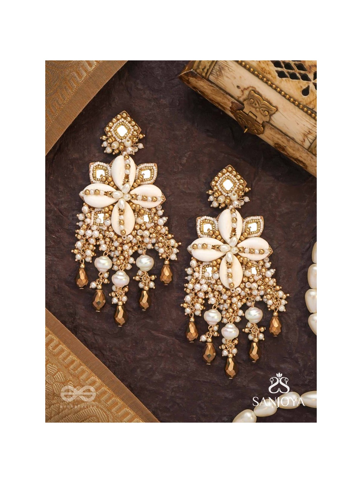 Sambuka- The Golden Snowflakes - Beads, Shells And Glass Drop Hand Embroidered Earrings